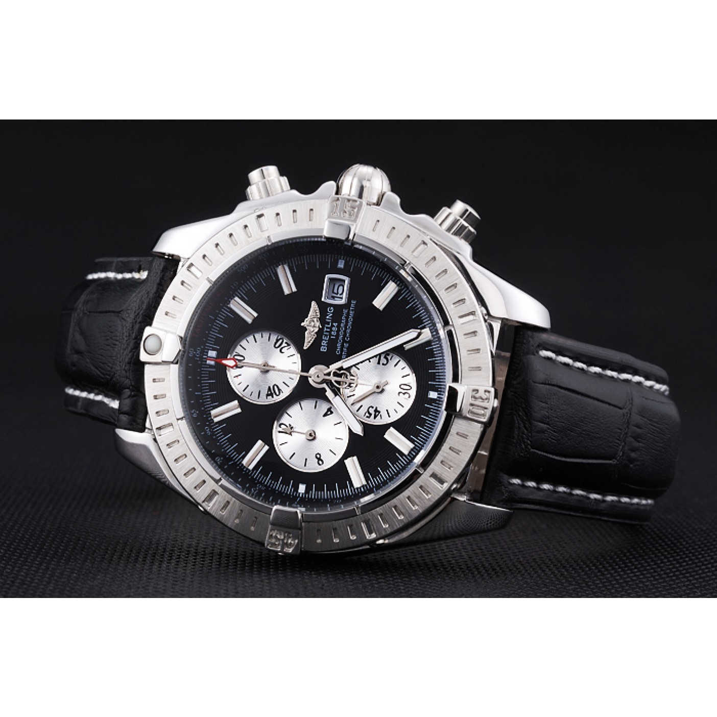 Breitling Chronomat 13 Stainless Steel Case Black Dial Black Leather Bracelet 622237