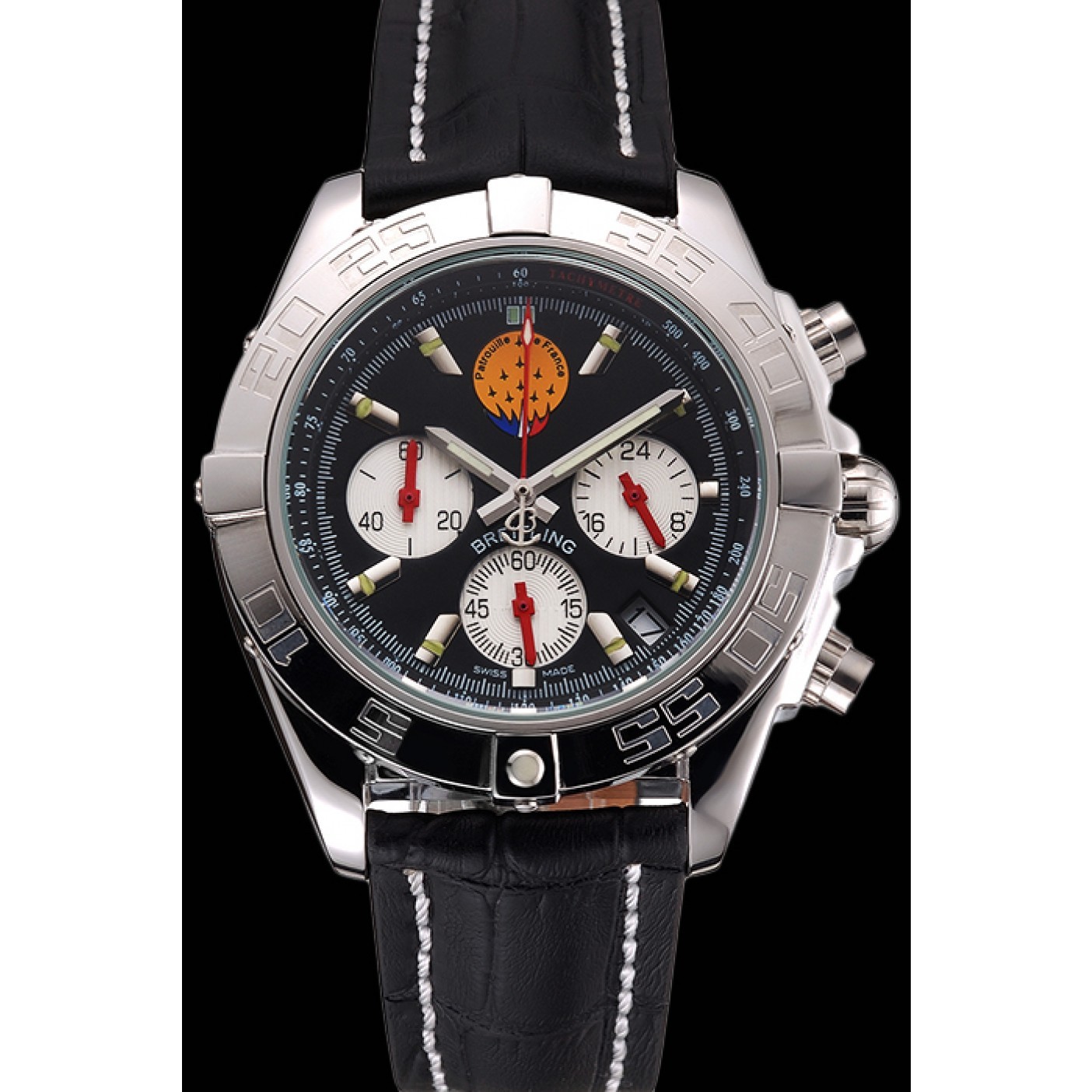 Breitling Chronomat Frecce Tricolori Black Dial Stainless Steel Case Black Leather Strap