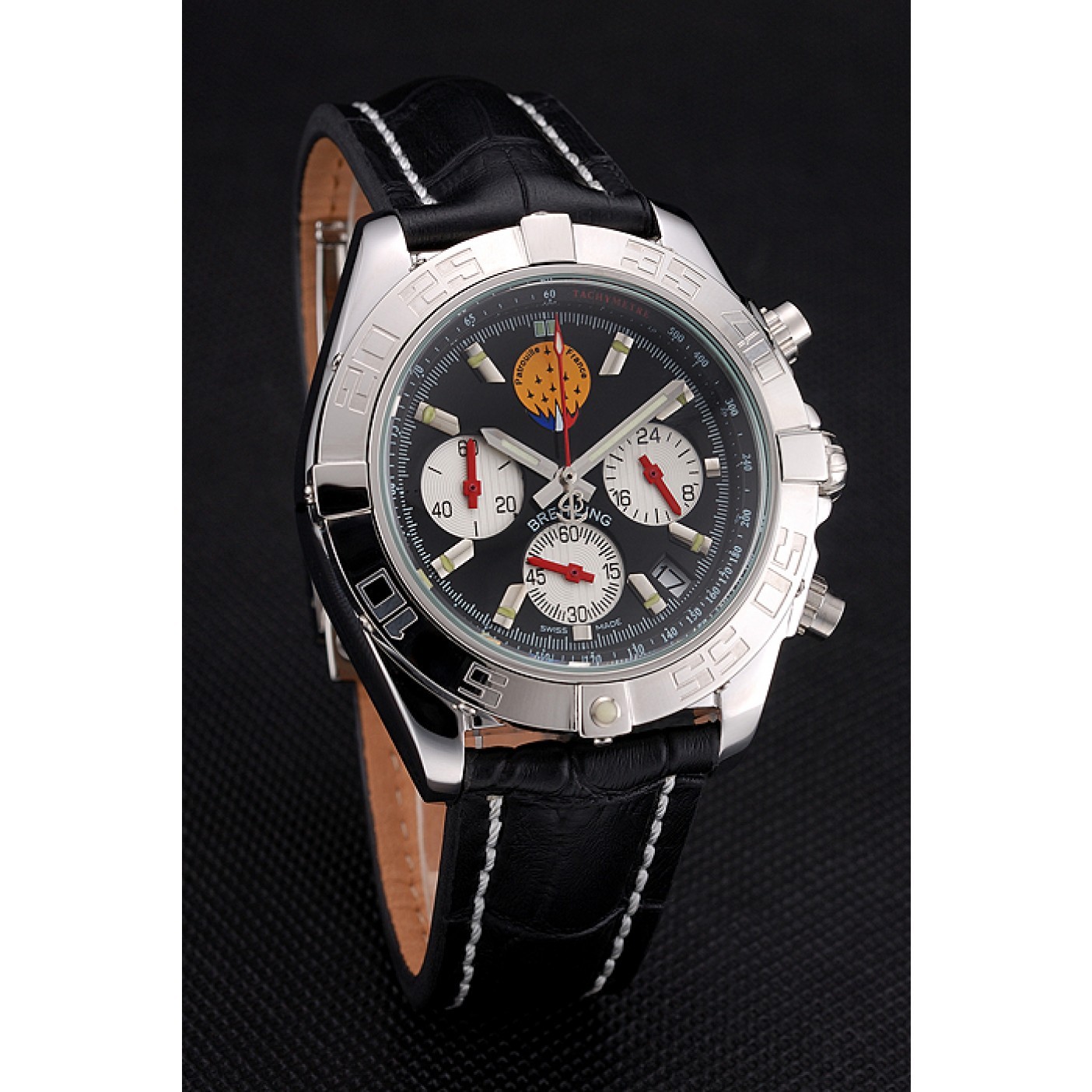 Breitling Chronomat Frecce Tricolori Black Dial Stainless Steel Case Black Leather Strap