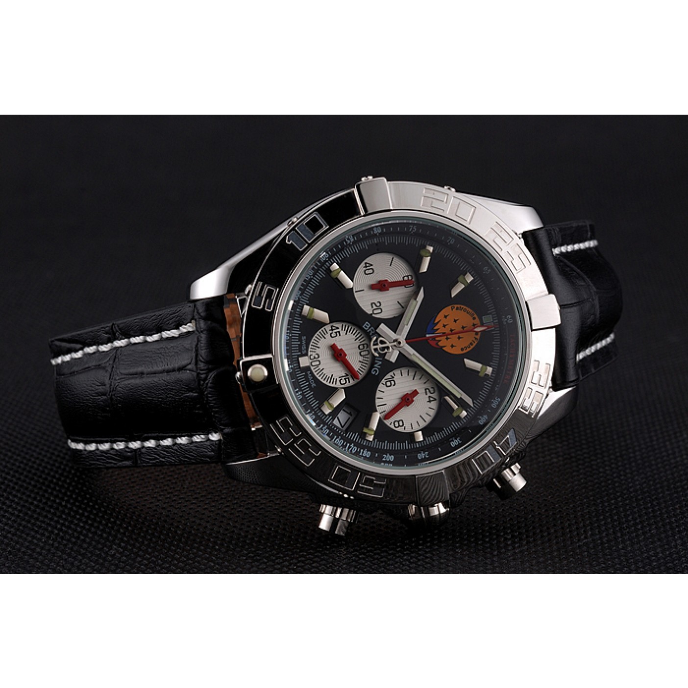 Breitling Chronomat Frecce Tricolori Black Dial Stainless Steel Case Black Leather Strap