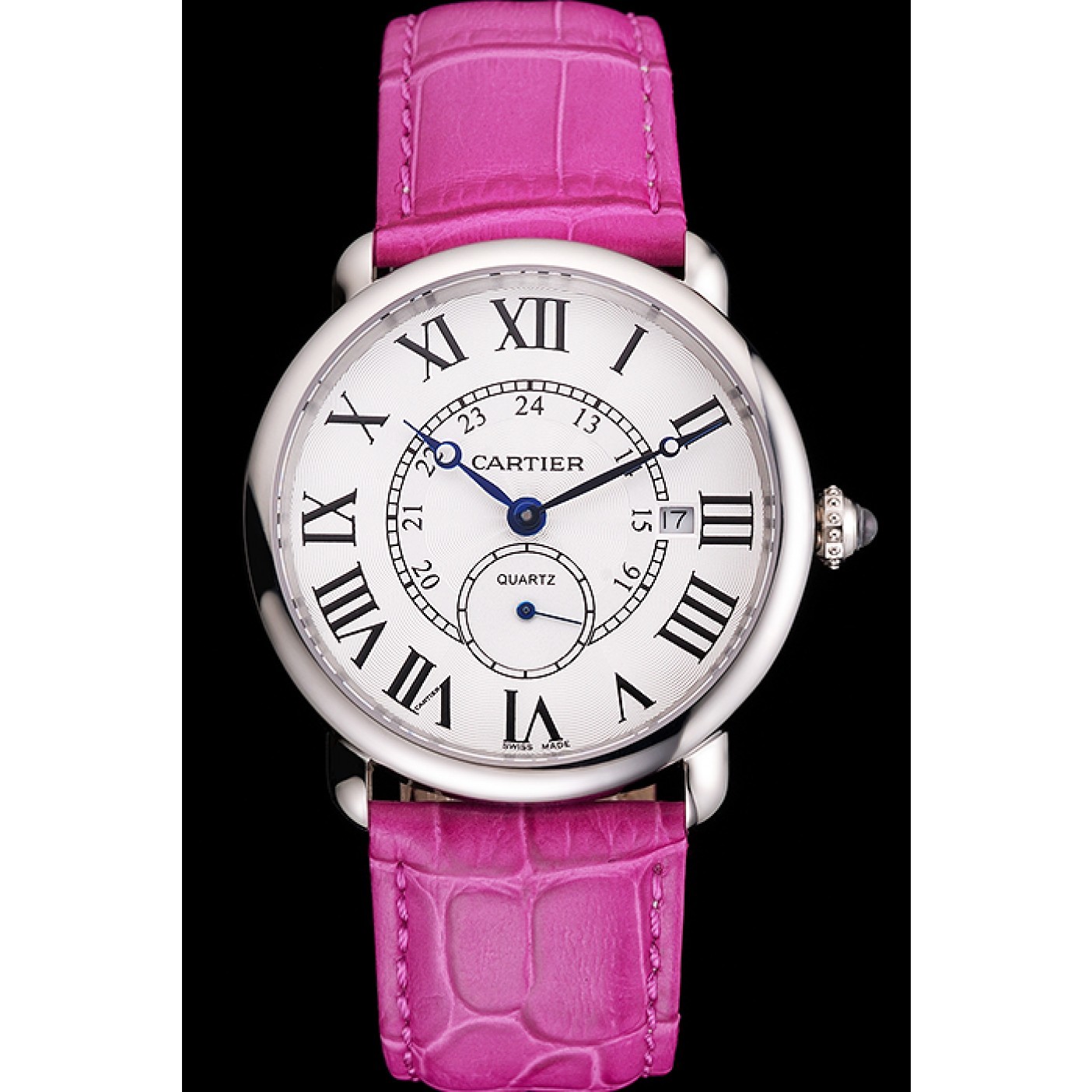 Cartier Ronde Louis Cartier White Dial Stainless Steel Case Fuchsia Leather Strap