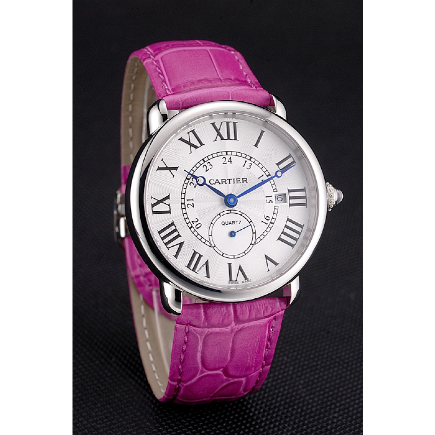 Cartier Ronde Louis Cartier White Dial Stainless Steel Case Fuchsia Leather Strap