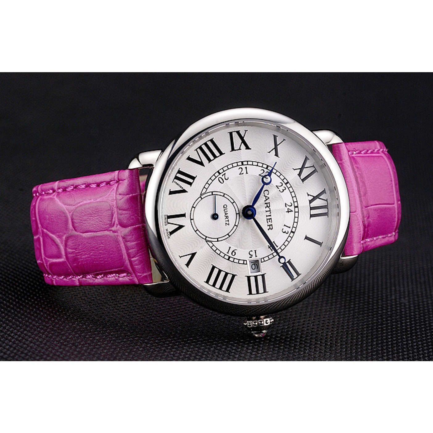 Cartier Ronde Louis Cartier White Dial Stainless Steel Case Fuchsia Leather Strap