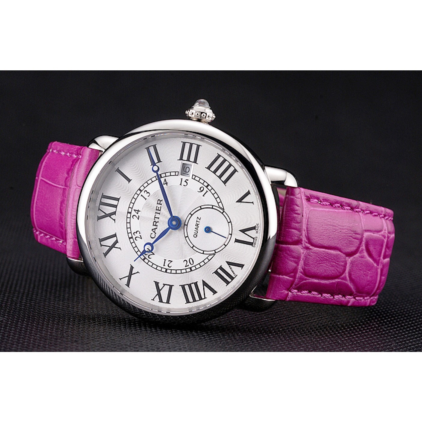 Cartier Ronde Louis Cartier White Dial Stainless Steel Case Fuchsia Leather Strap