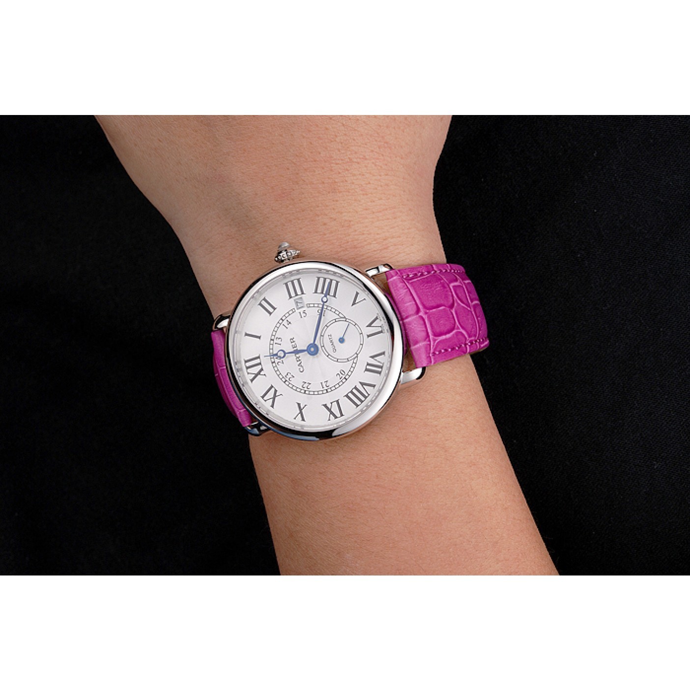 Cartier Ronde Louis Cartier White Dial Stainless Steel Case Fuchsia Leather Strap