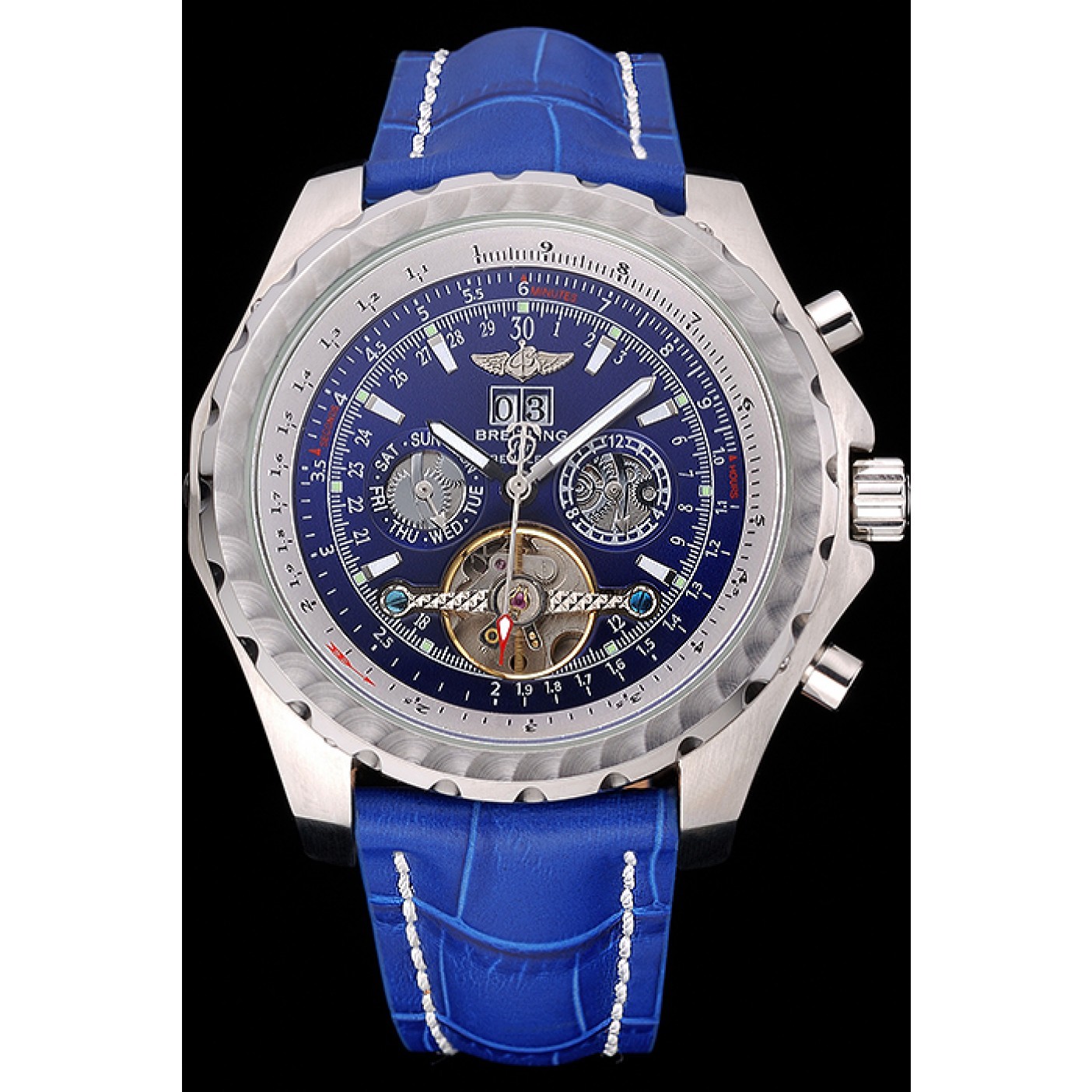 Breitling Bentley Mulliner Tourbillon Blue Dial Stainless Steel Case Blue Leather Strap 622726