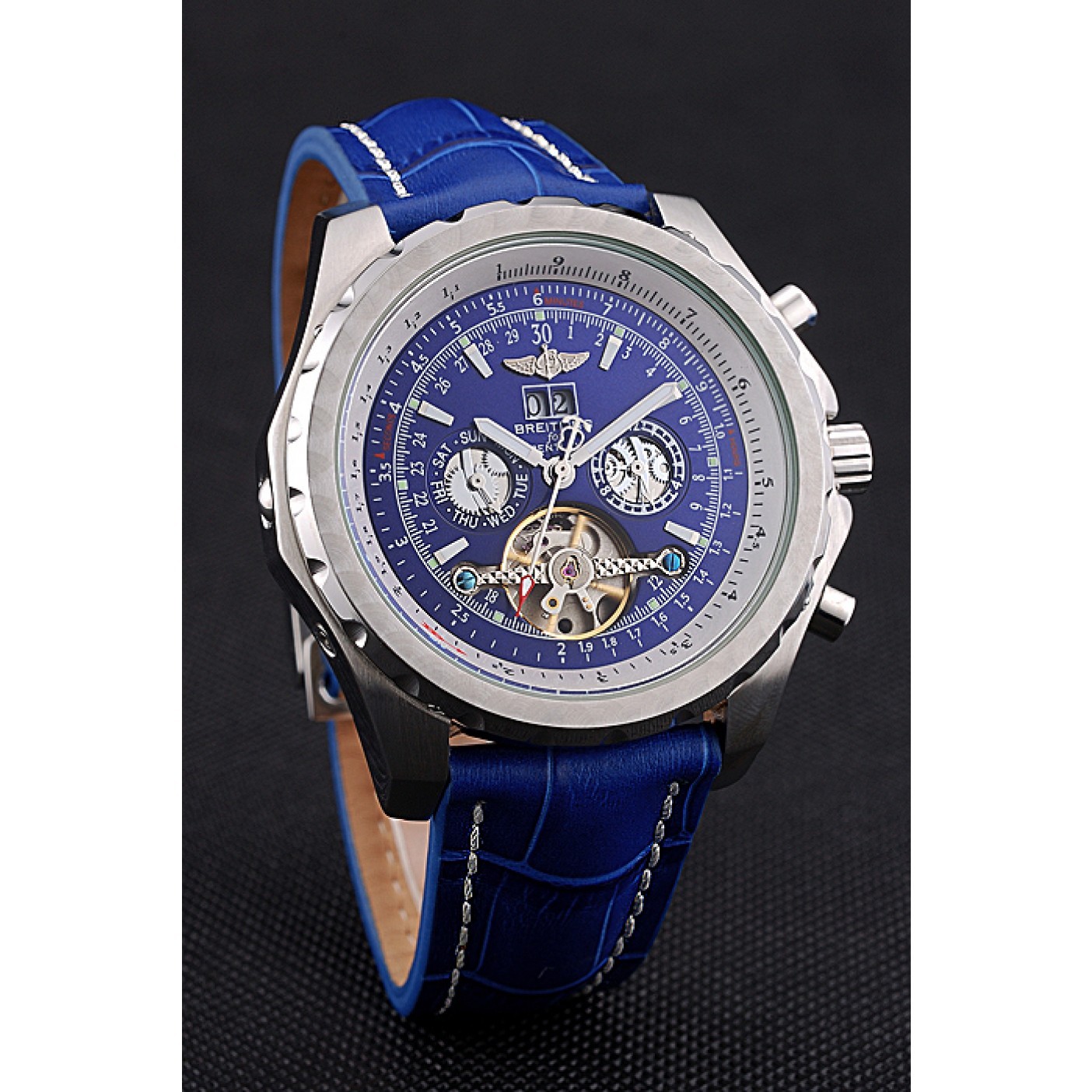 Breitling Bentley Mulliner Tourbillon Blue Dial Stainless Steel Case Blue Leather Strap 622726