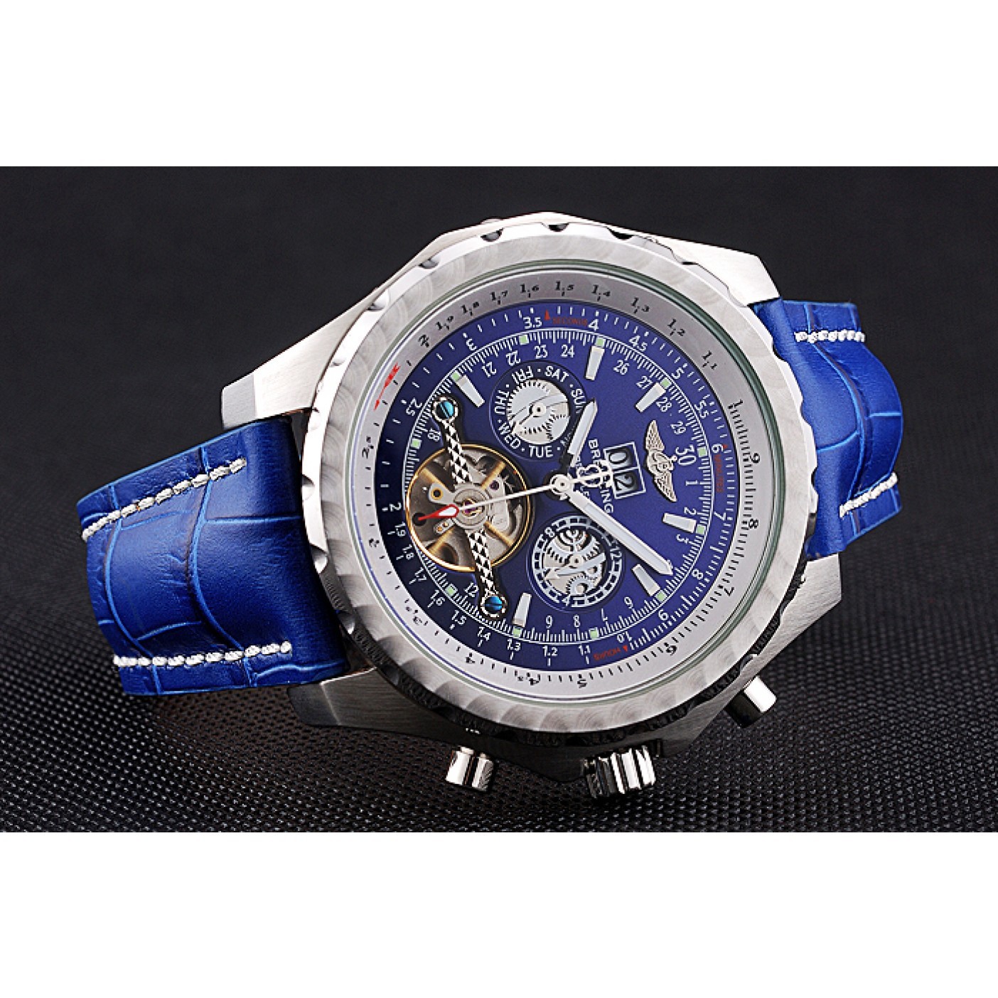 Breitling Bentley Mulliner Tourbillon Blue Dial Stainless Steel Case Blue Leather Strap 622726