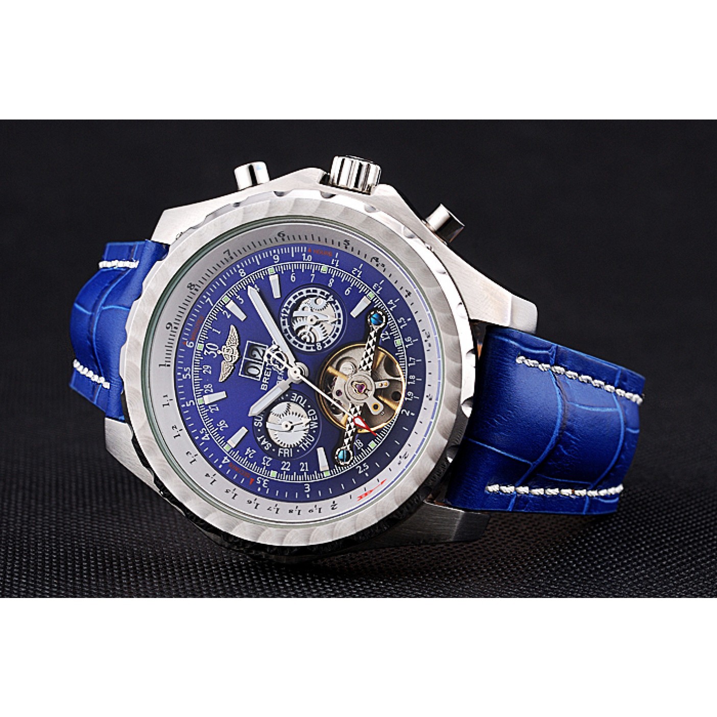 Breitling Bentley Mulliner Tourbillon Blue Dial Stainless Steel Case Blue Leather Strap 622726