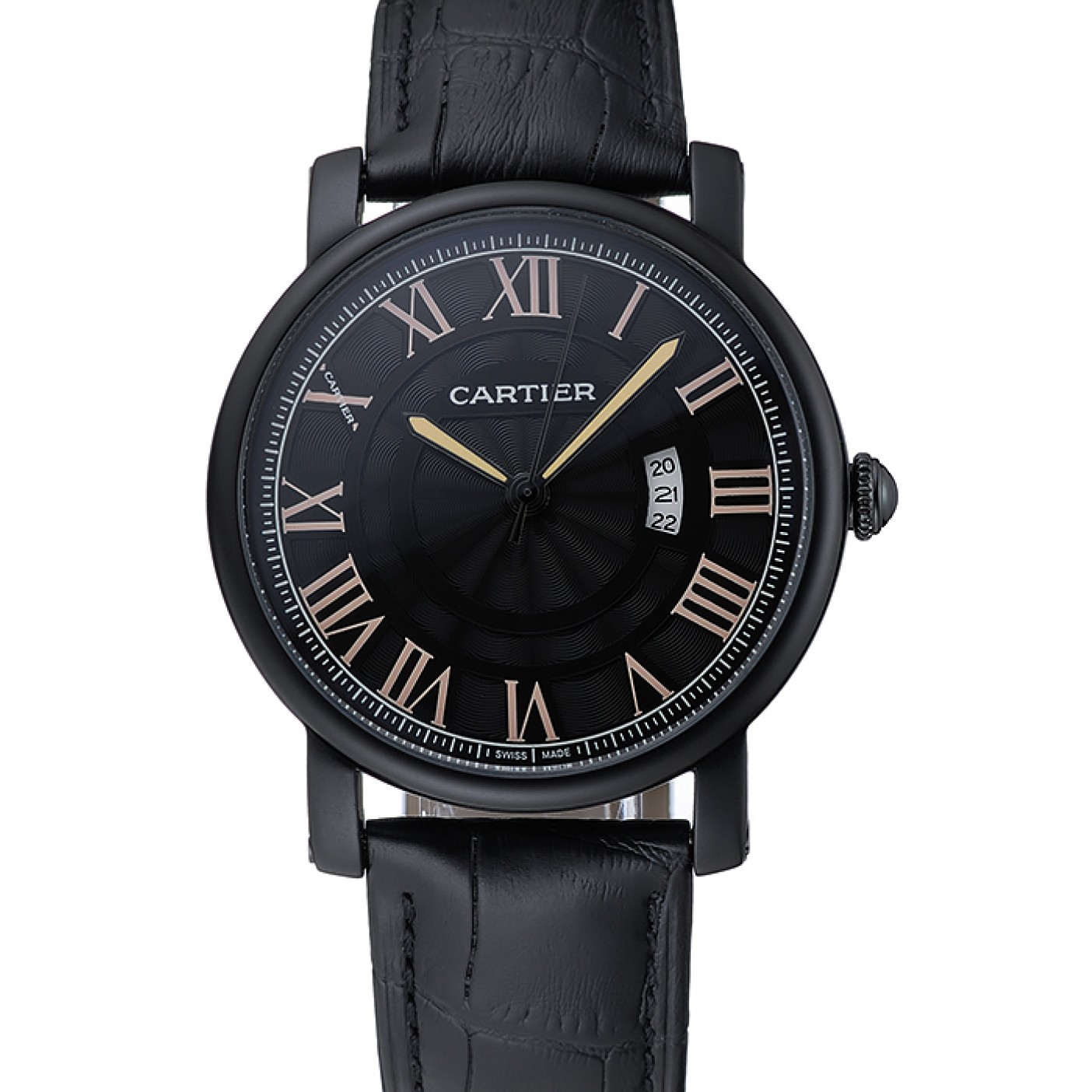 Cartier Rotonde Black Dial Black Case Black Leather Bracelet 1454218