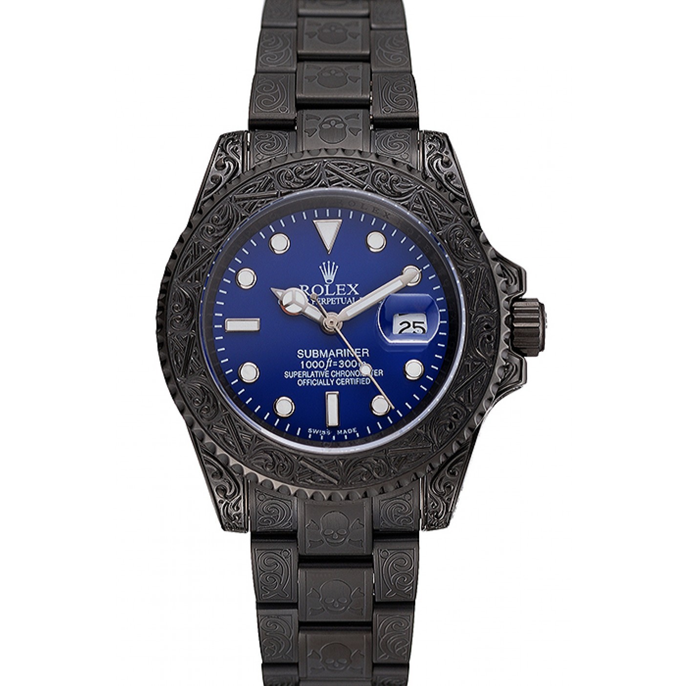 Swiss Rolex Submariner Skull Limited Edition Blue Dial All Black Case And Bracelet 1454084