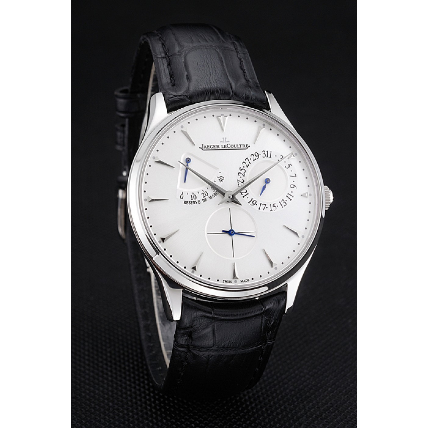 Swiss Jaeger LeCoultre Master Ultra Thin Reserve De Marche White Dial Stainless Steel Case Black Leather Strap