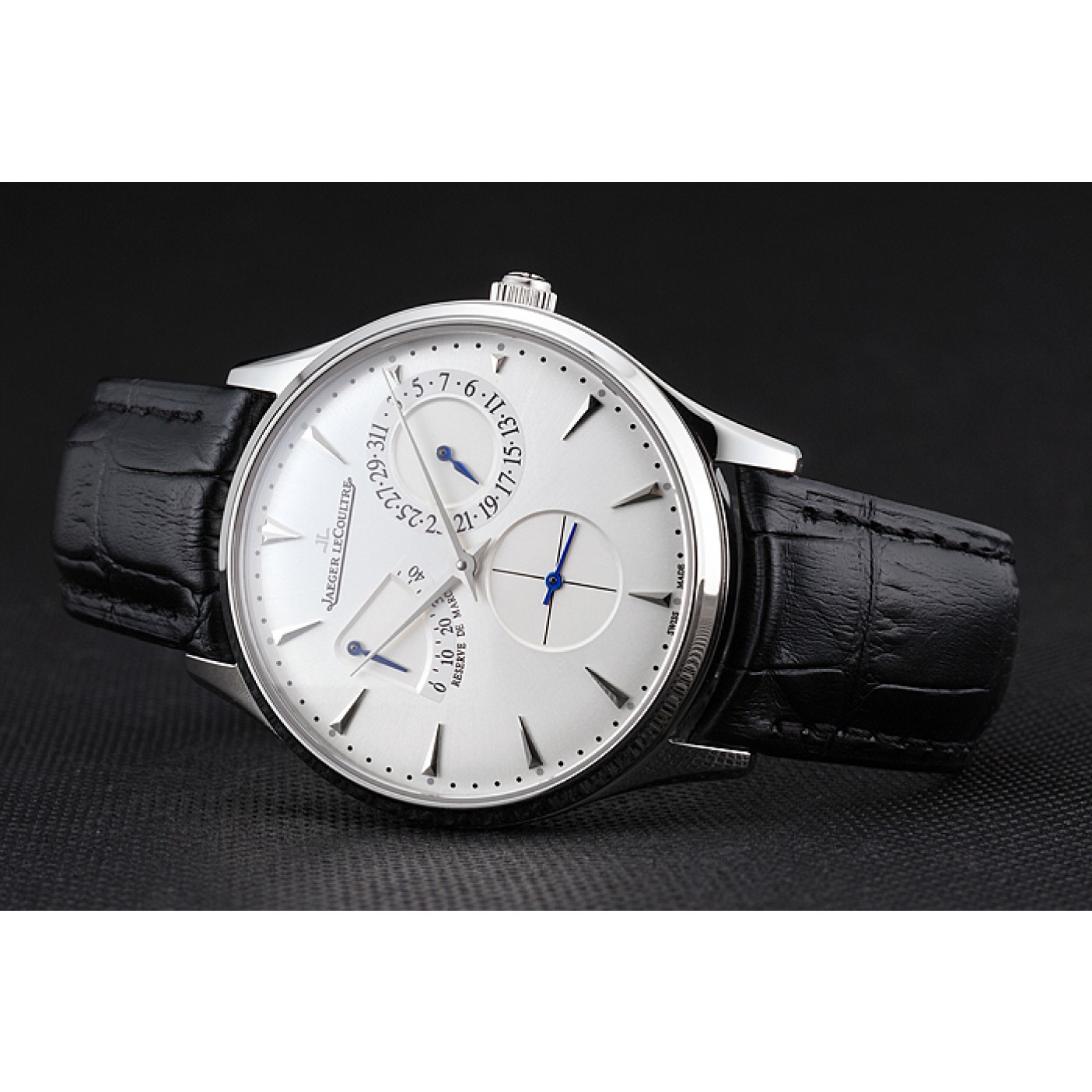 Swiss Jaeger LeCoultre Master Ultra Thin Reserve De Marche White Dial Stainless Steel Case Black Leather Strap