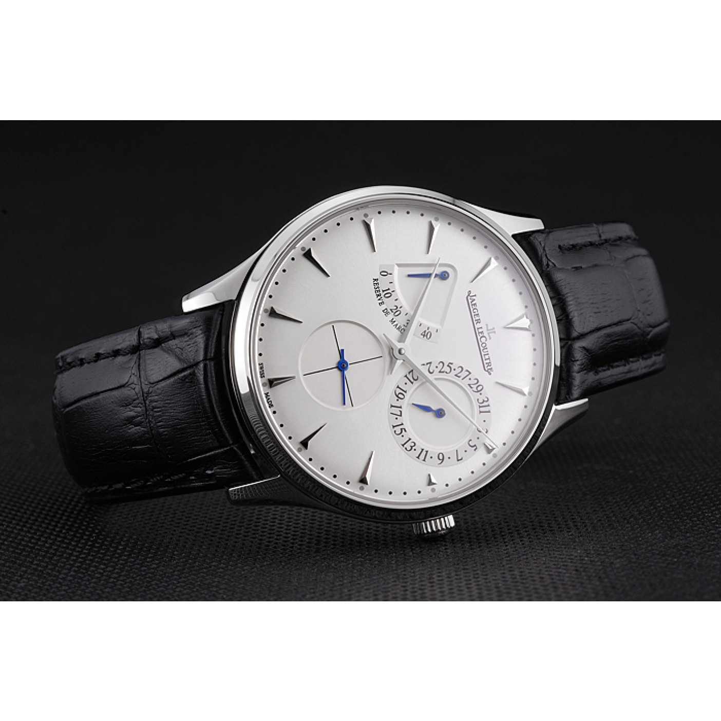 Swiss Jaeger LeCoultre Master Ultra Thin Reserve De Marche White Dial Stainless Steel Case Black Leather Strap