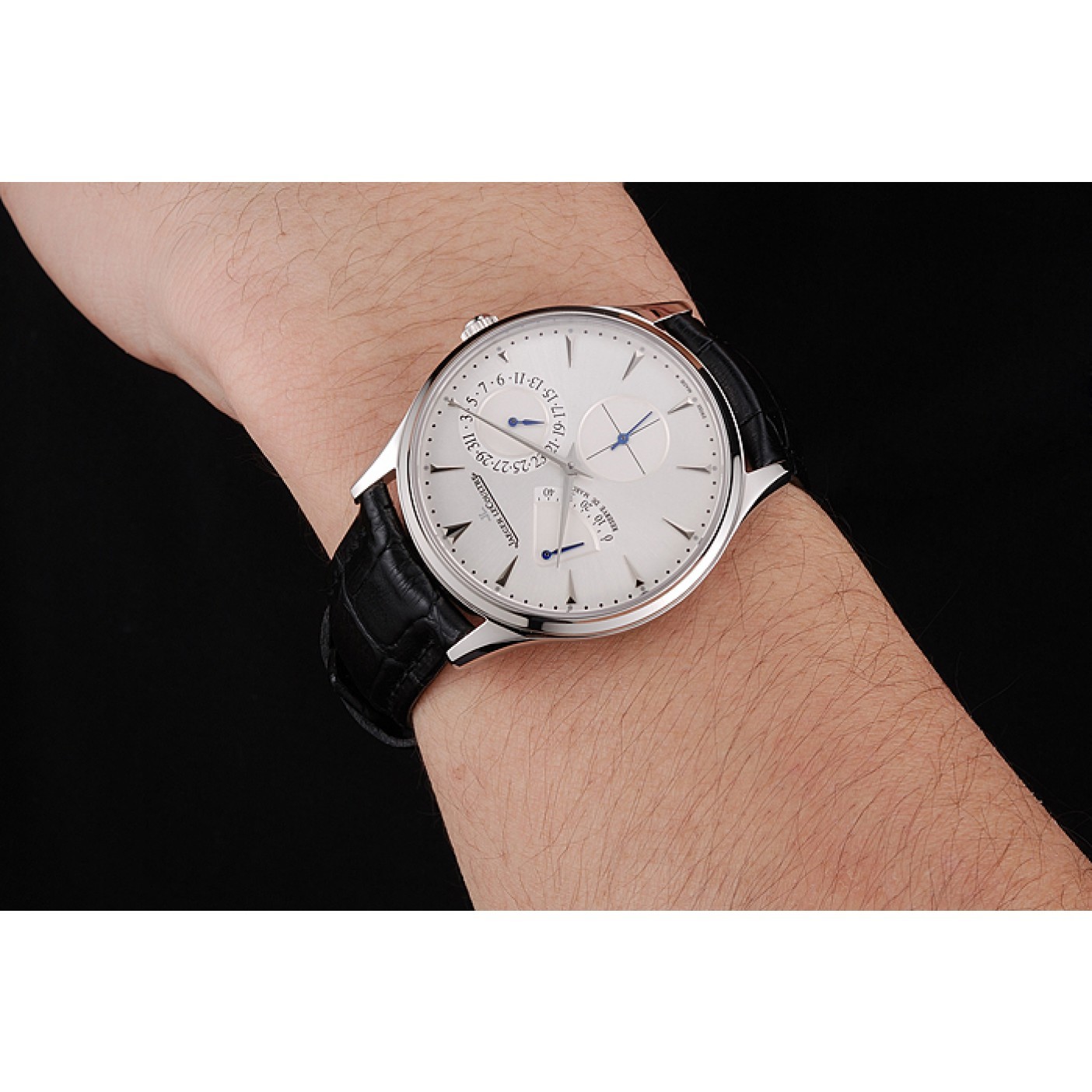 Swiss Jaeger LeCoultre Master Ultra Thin Reserve De Marche White Dial Stainless Steel Case Black Leather Strap