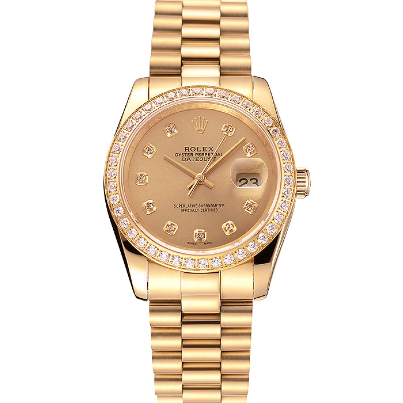 RepTime Watches Swiss Rolex Datejust Champagne Dial Diamond Bezel Gold Bracelet 1454097