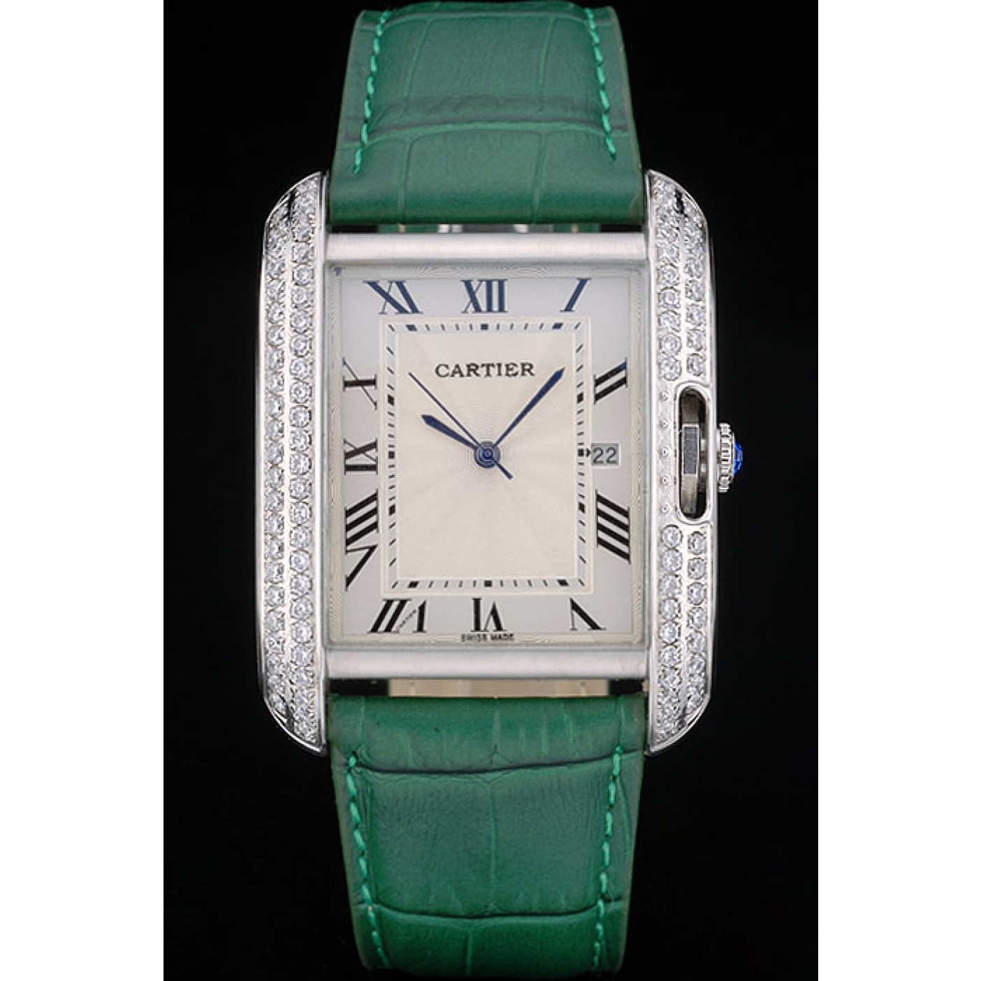 Cartier Tank Anglaise 36mm White Dial Diamonds Steel Case Green Leather Bracelet