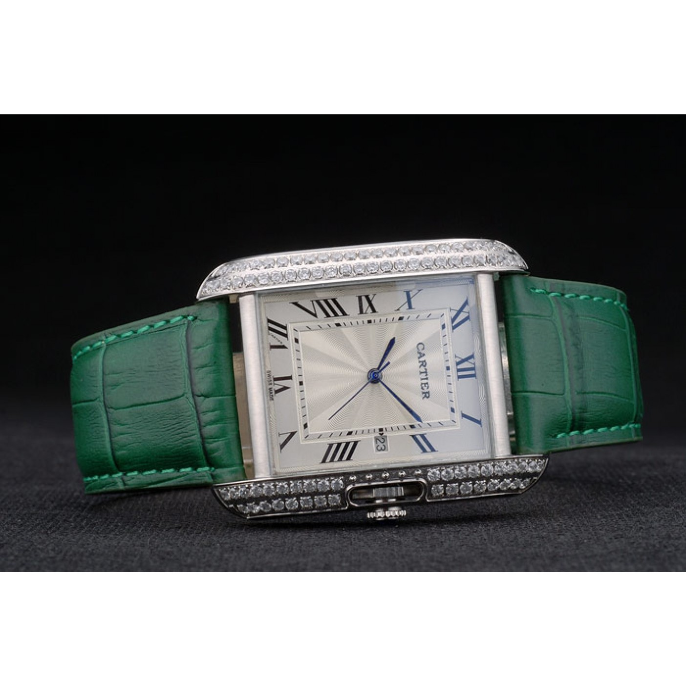 Cartier Tank Anglaise 36mm White Dial Diamonds Steel Case Green Leather Bracelet