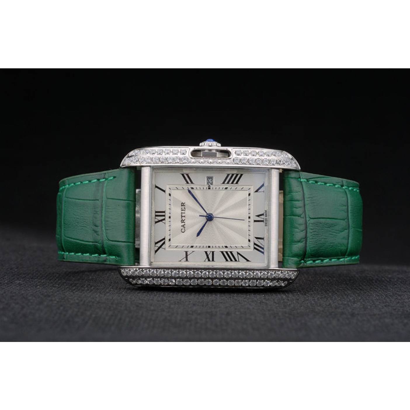 Cartier Tank Anglaise 36mm White Dial Diamonds Steel Case Green Leather Bracelet