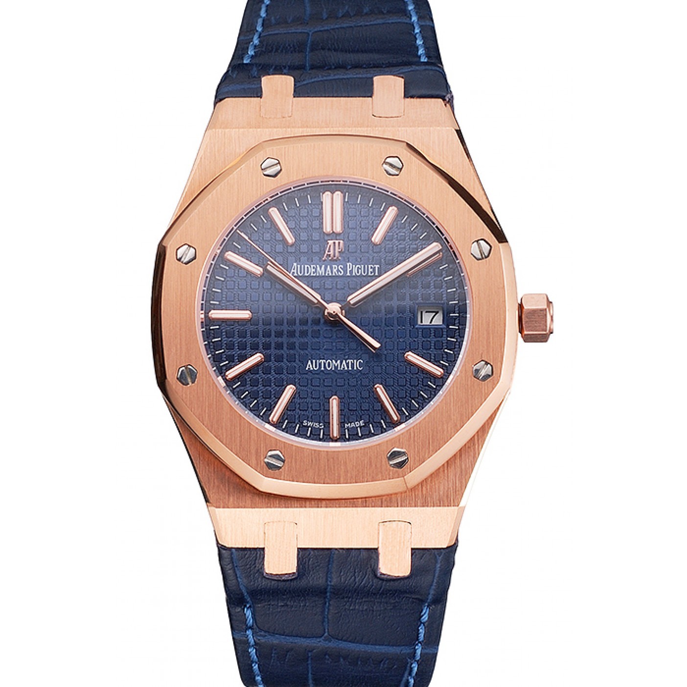 Swiss Audemars Piguet Royal Oak Blue Dial Gold Case Blue Leather Strap