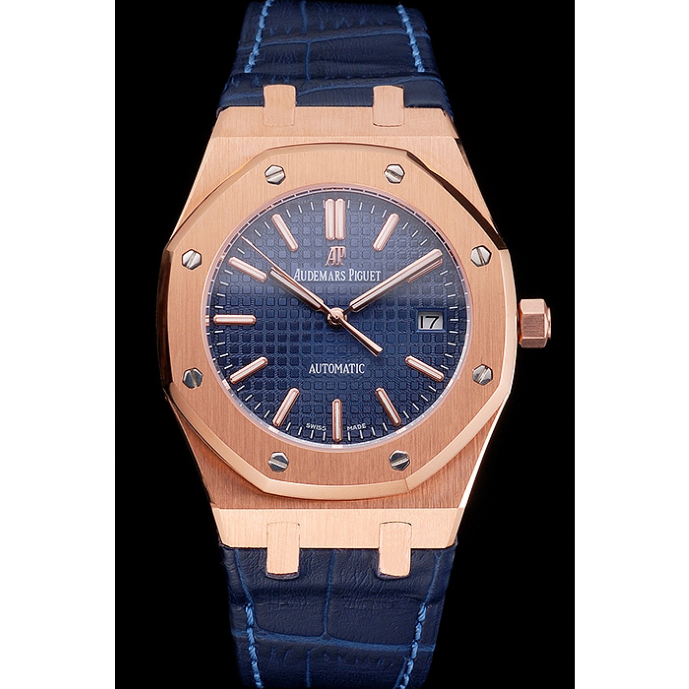 Swiss Audemars Piguet Royal Oak Blue Dial Gold Case Blue Leather Strap