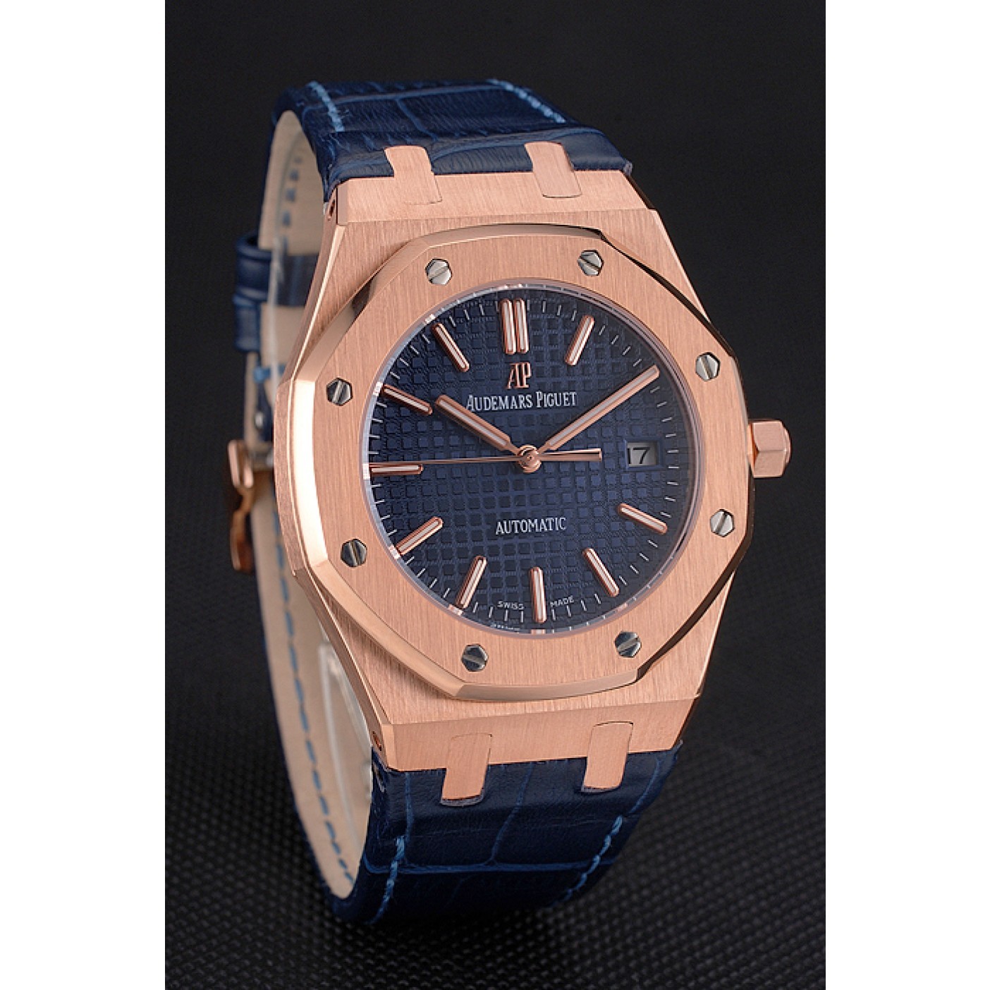 Swiss Audemars Piguet Royal Oak Blue Dial Gold Case Blue Leather Strap