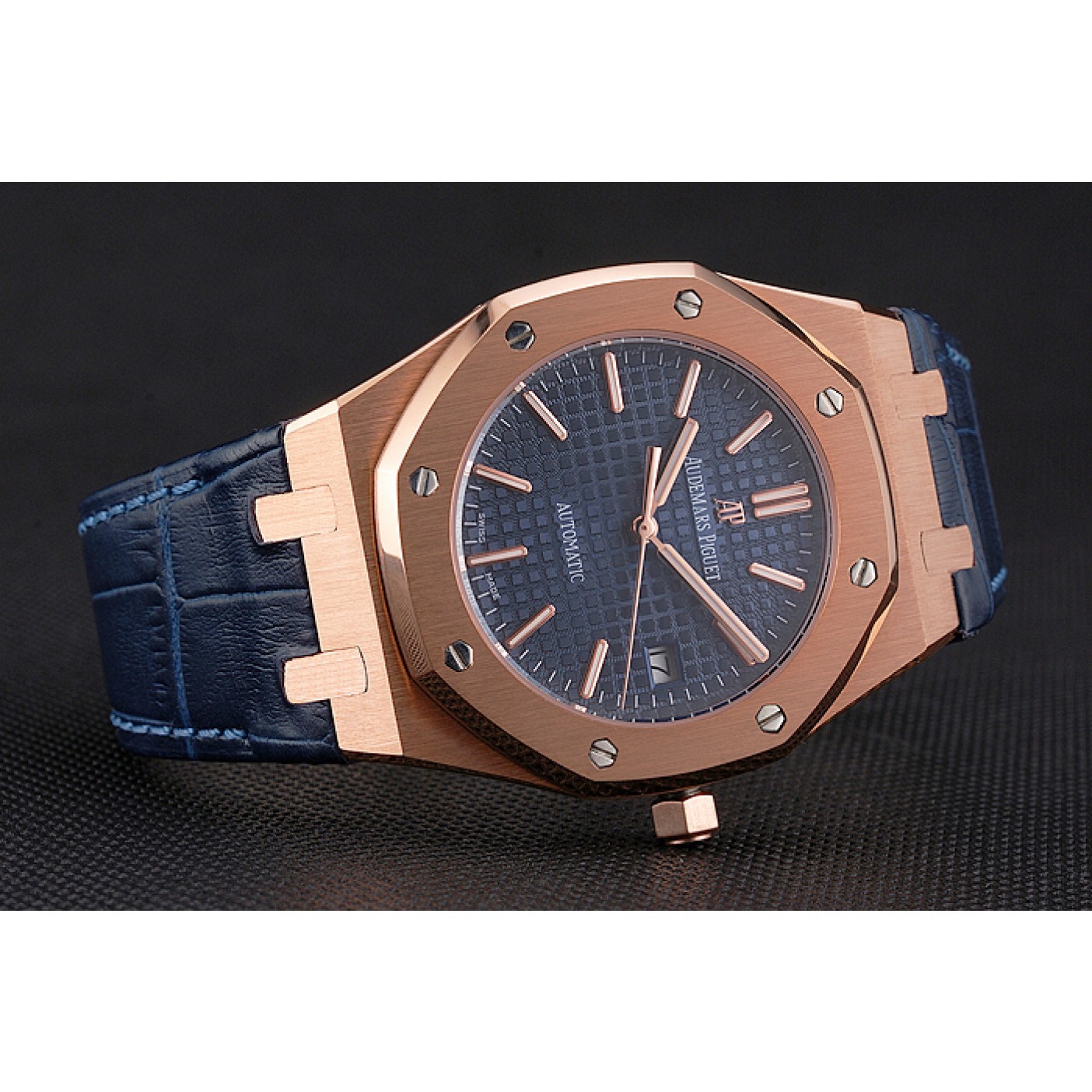 Swiss Audemars Piguet Royal Oak Blue Dial Gold Case Blue Leather Strap