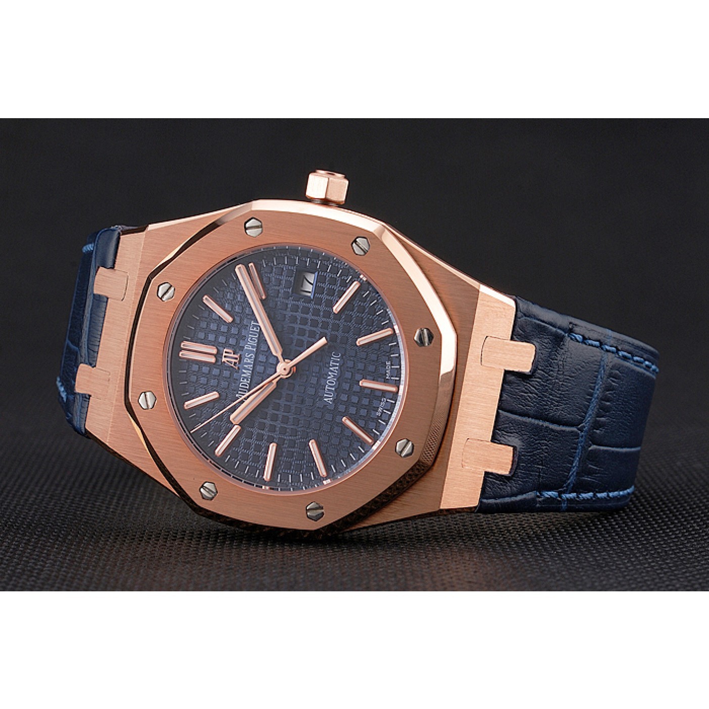 Swiss Audemars Piguet Royal Oak Blue Dial Gold Case Blue Leather Strap