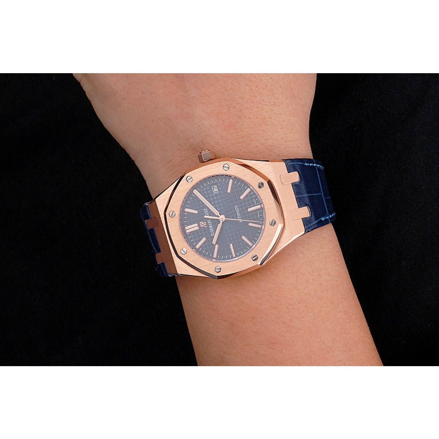 Swiss Audemars Piguet Royal Oak Blue Dial Gold Case Blue Leather Strap