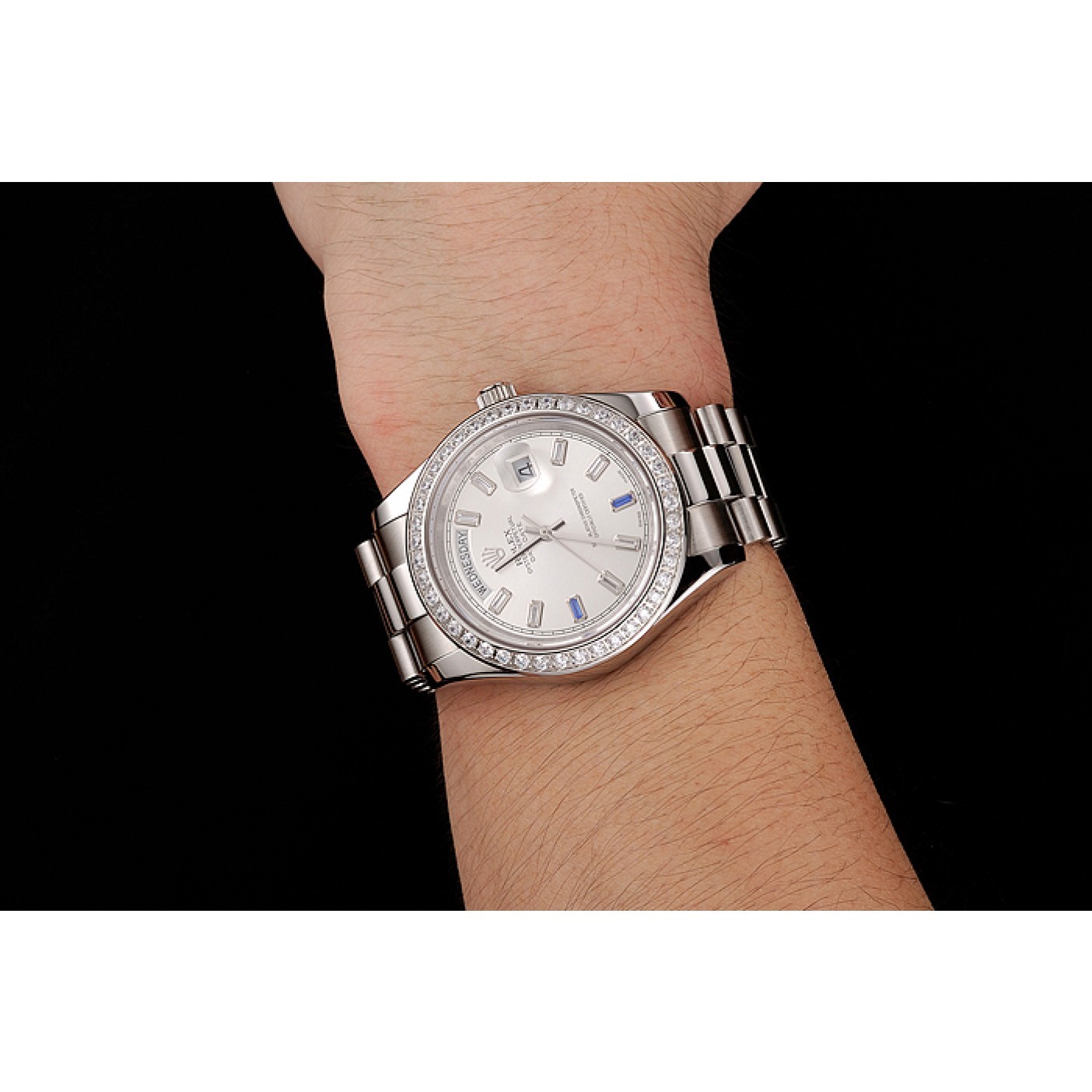 RepTime Watches Swiss Rolex Day-Date Diamonds Bezel Staineless Steel Bracelet 1454109