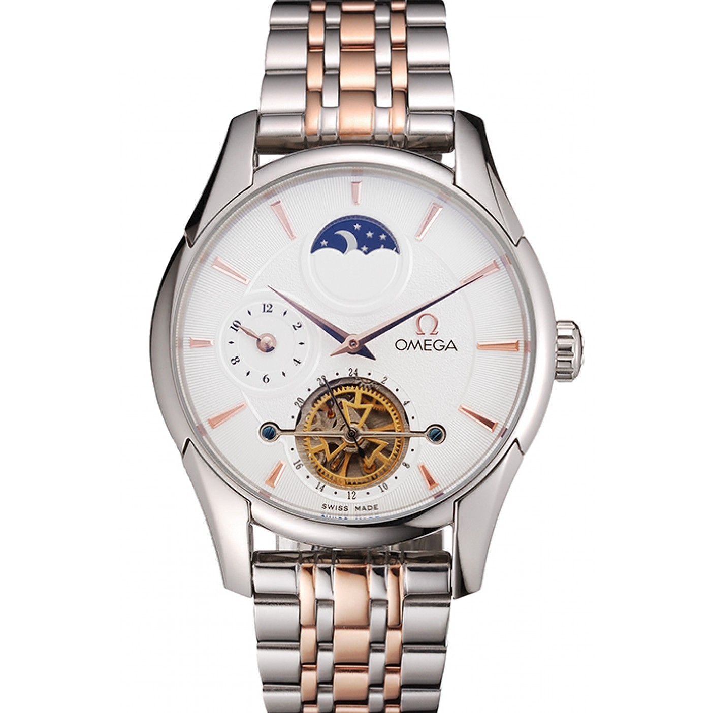 Omega De Ville Moonphase Tourbillon White Dial Stainless Steel Case Two Tone Steel Rose Gold Bracelet