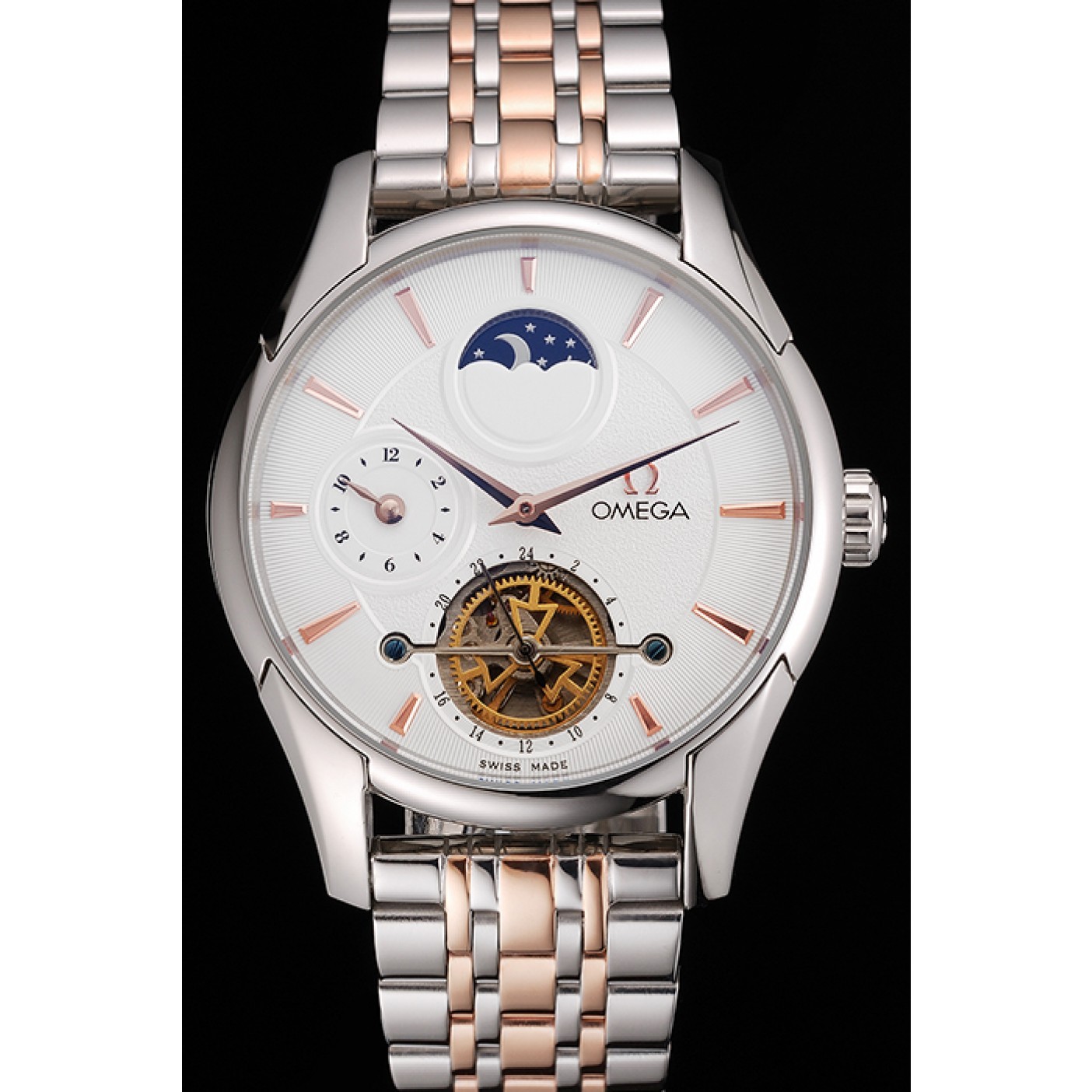 Omega De Ville Moonphase Tourbillon White Dial Stainless Steel Case Two Tone Steel Rose Gold Bracelet