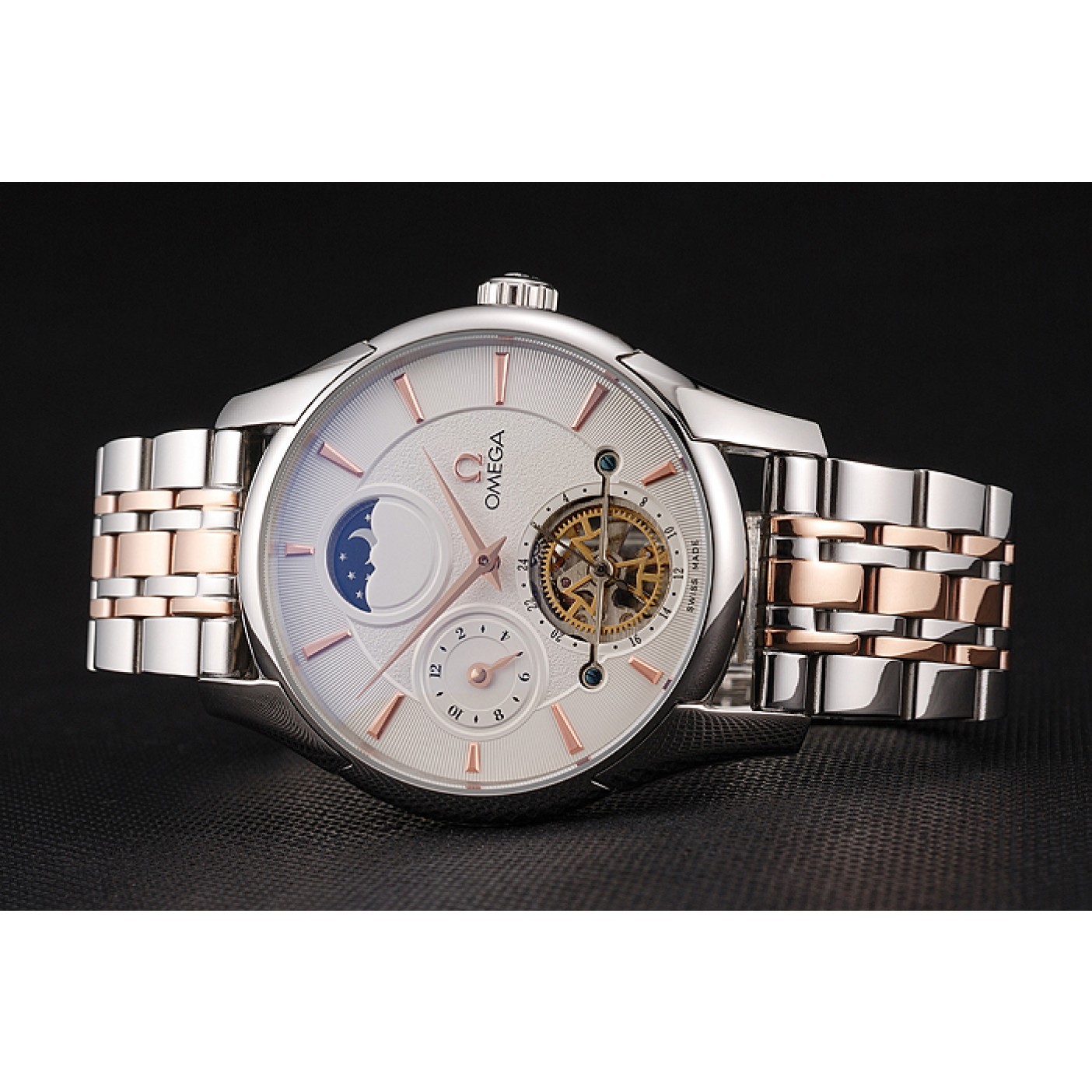 Omega De Ville Moonphase Tourbillon White Dial Stainless Steel Case Two Tone Steel Rose Gold Bracelet