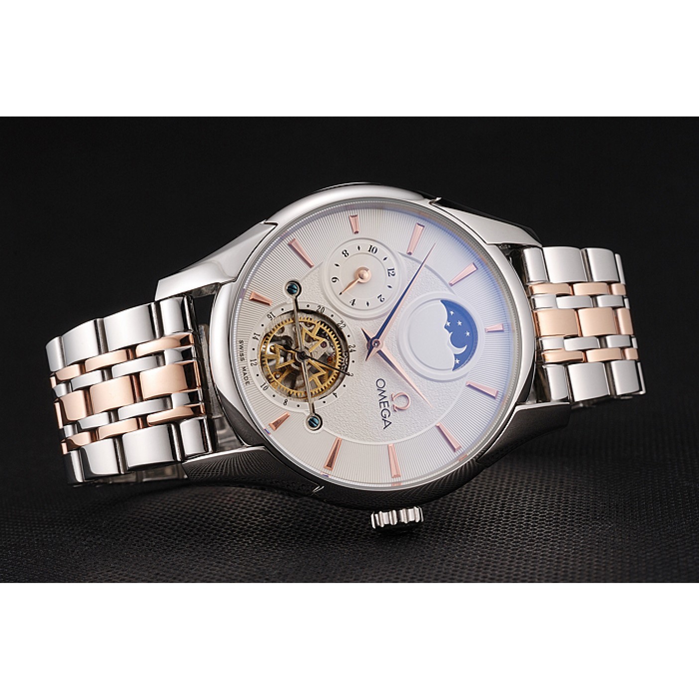 Omega De Ville Moonphase Tourbillon White Dial Stainless Steel Case Two Tone Steel Rose Gold Bracelet