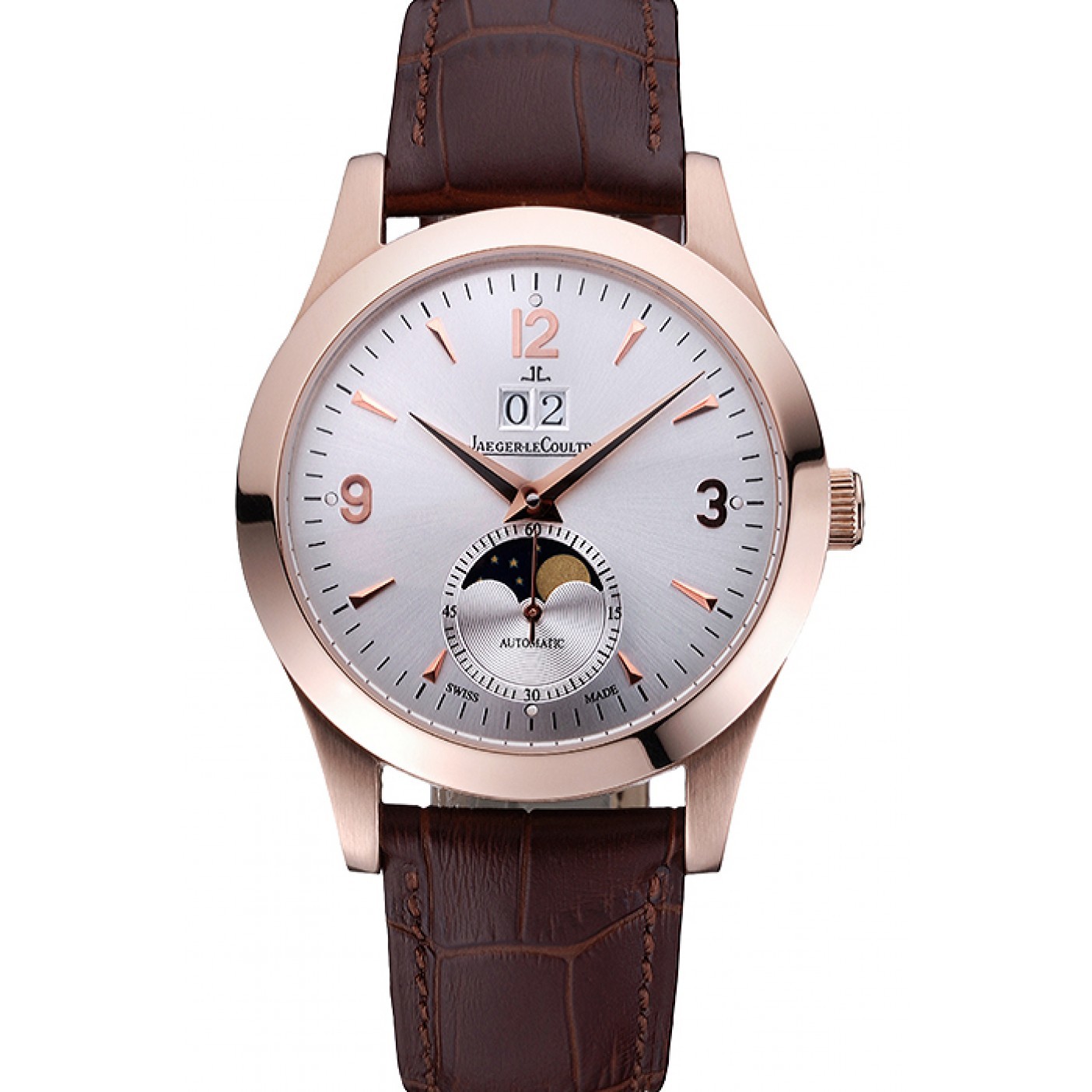 Jaeger LeCoultre Master White Dial Brown Leather Band Rose Gold Bezel 622080