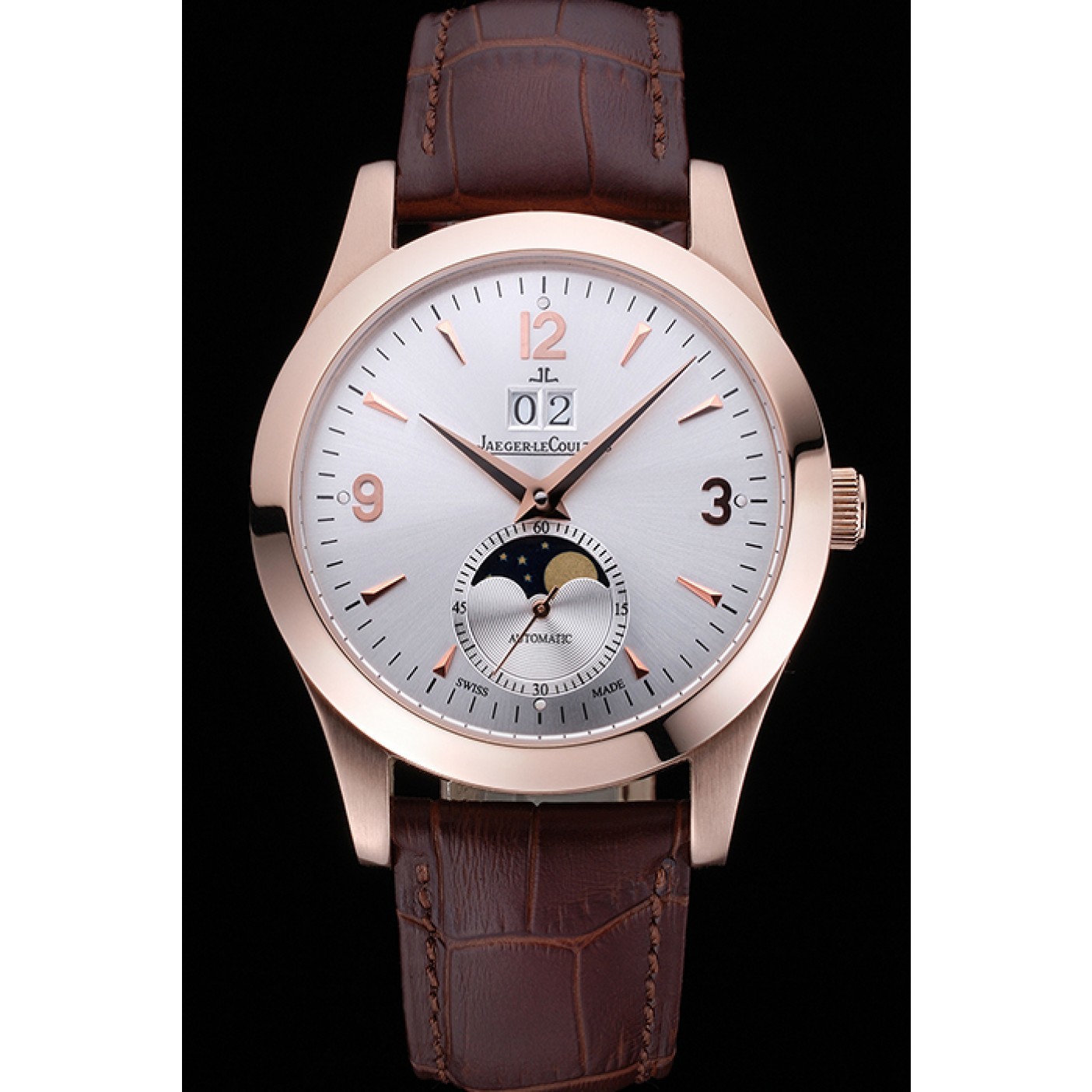 Jaeger LeCoultre Master White Dial Brown Leather Band Rose Gold Bezel 622080