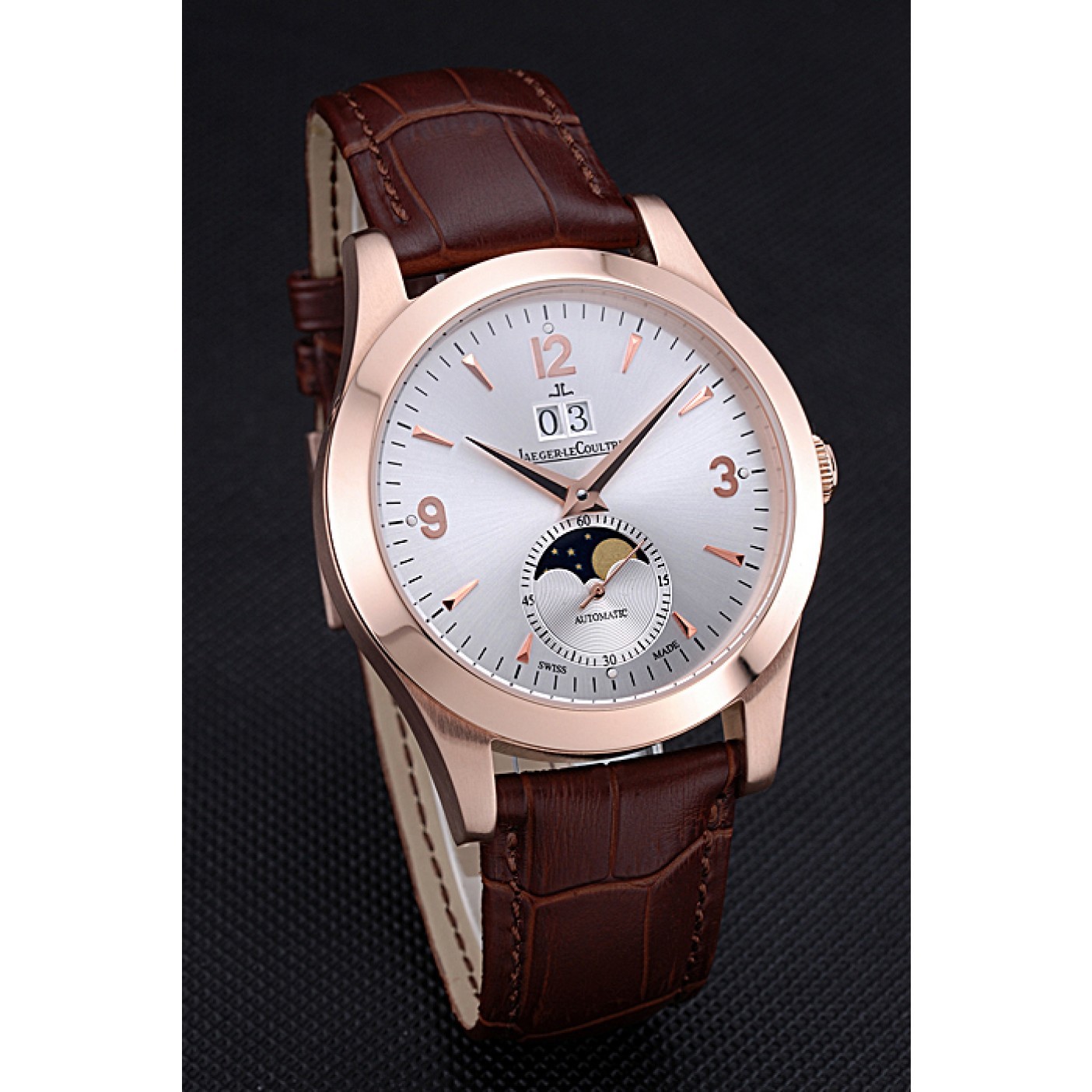 Jaeger LeCoultre Master White Dial Brown Leather Band Rose Gold Bezel 622080