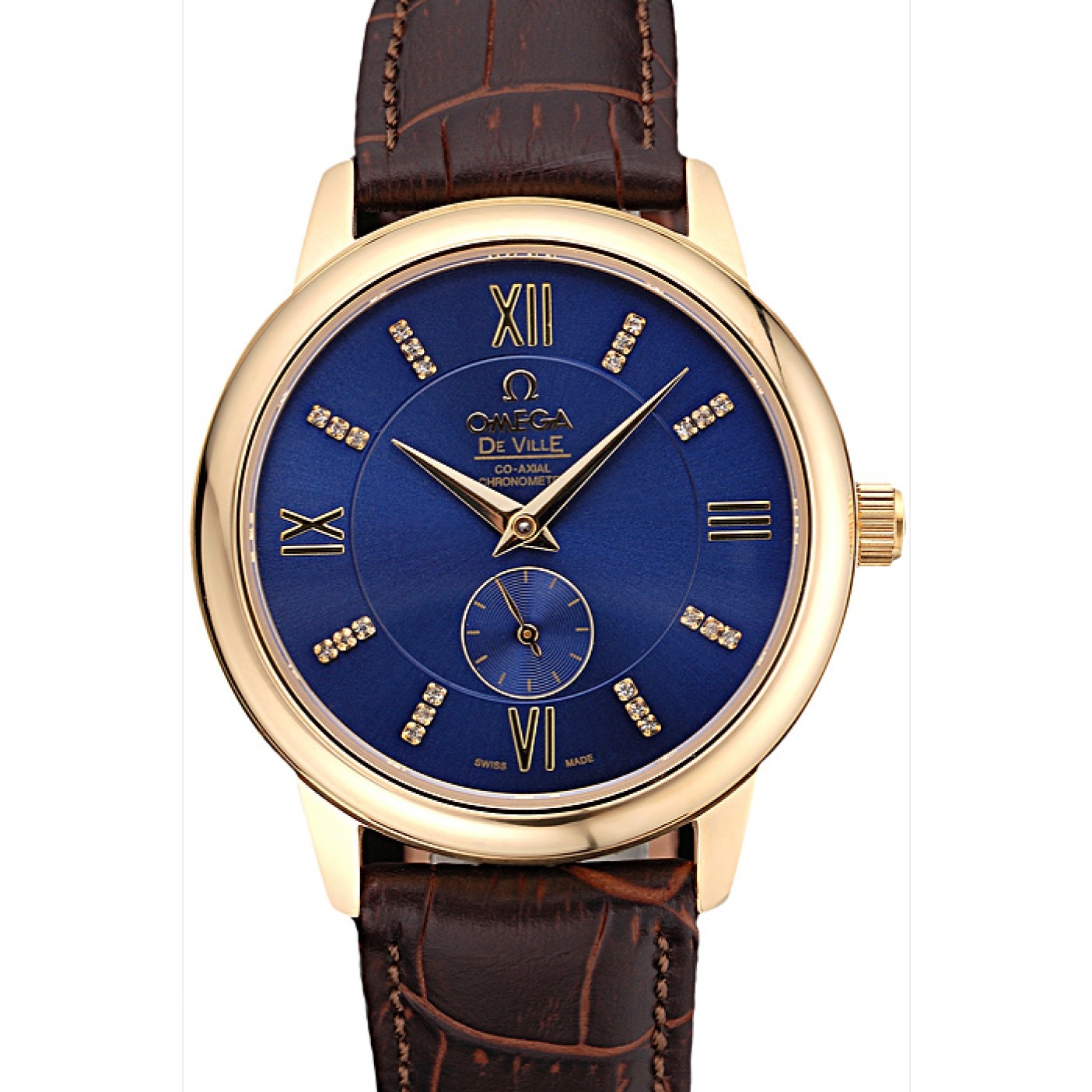 Omega DeVille Prestige Small Seconds Blue Dial Gold Case Brown Leather Bracelet 622601