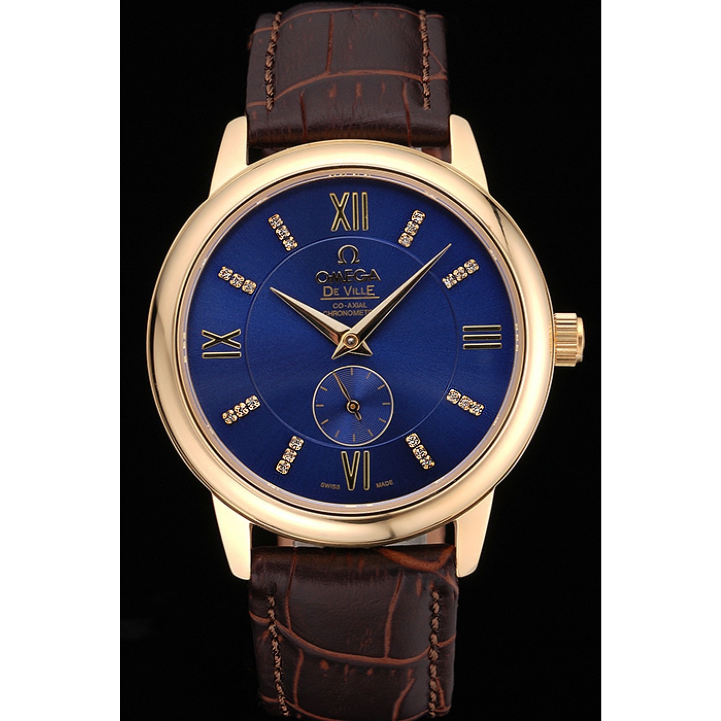 Omega DeVille Prestige Small Seconds Blue Dial Gold Case Brown Leather Bracelet 622601