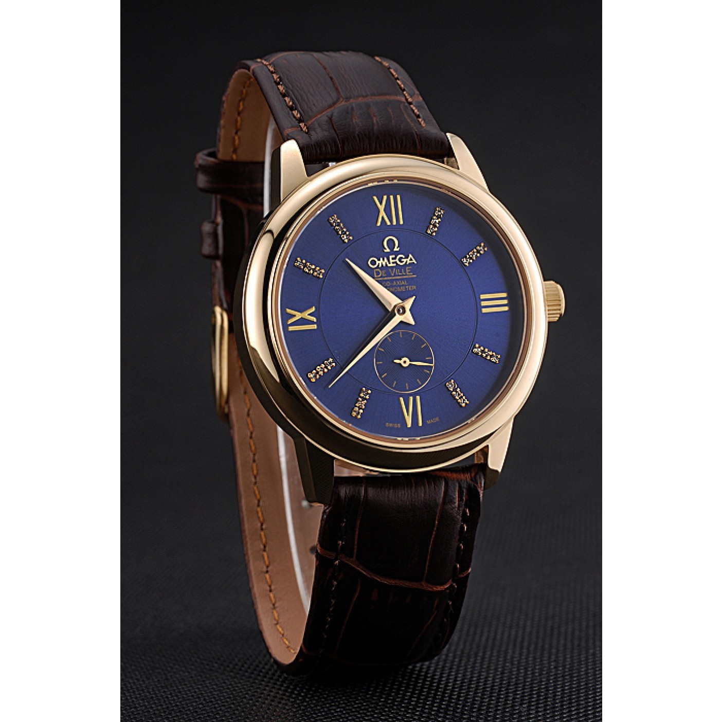 Omega DeVille Prestige Small Seconds Blue Dial Gold Case Brown Leather Bracelet 622601