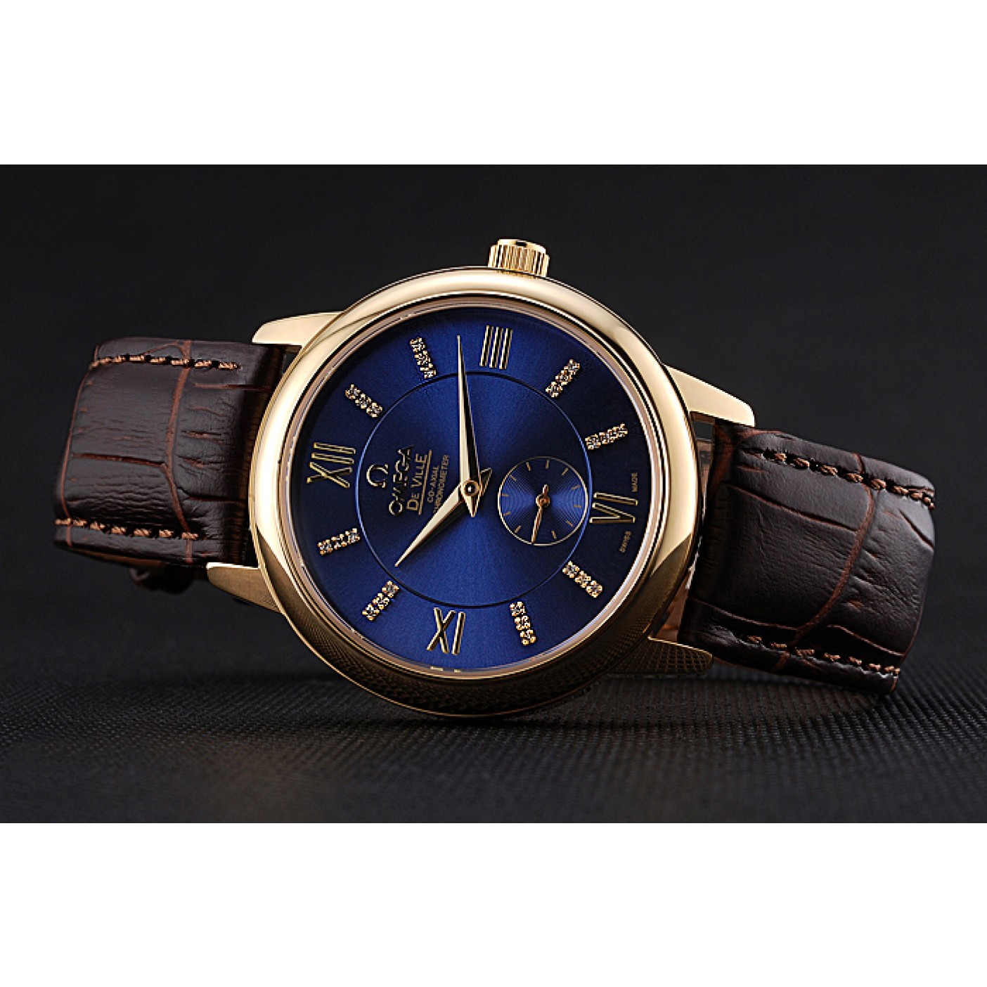 Omega DeVille Prestige Small Seconds Blue Dial Gold Case Brown Leather Bracelet 622601