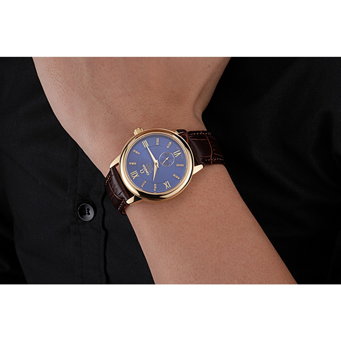 Omega DeVille Prestige Small Seconds Blue Dial Gold Case Brown Leather Bracelet 622601