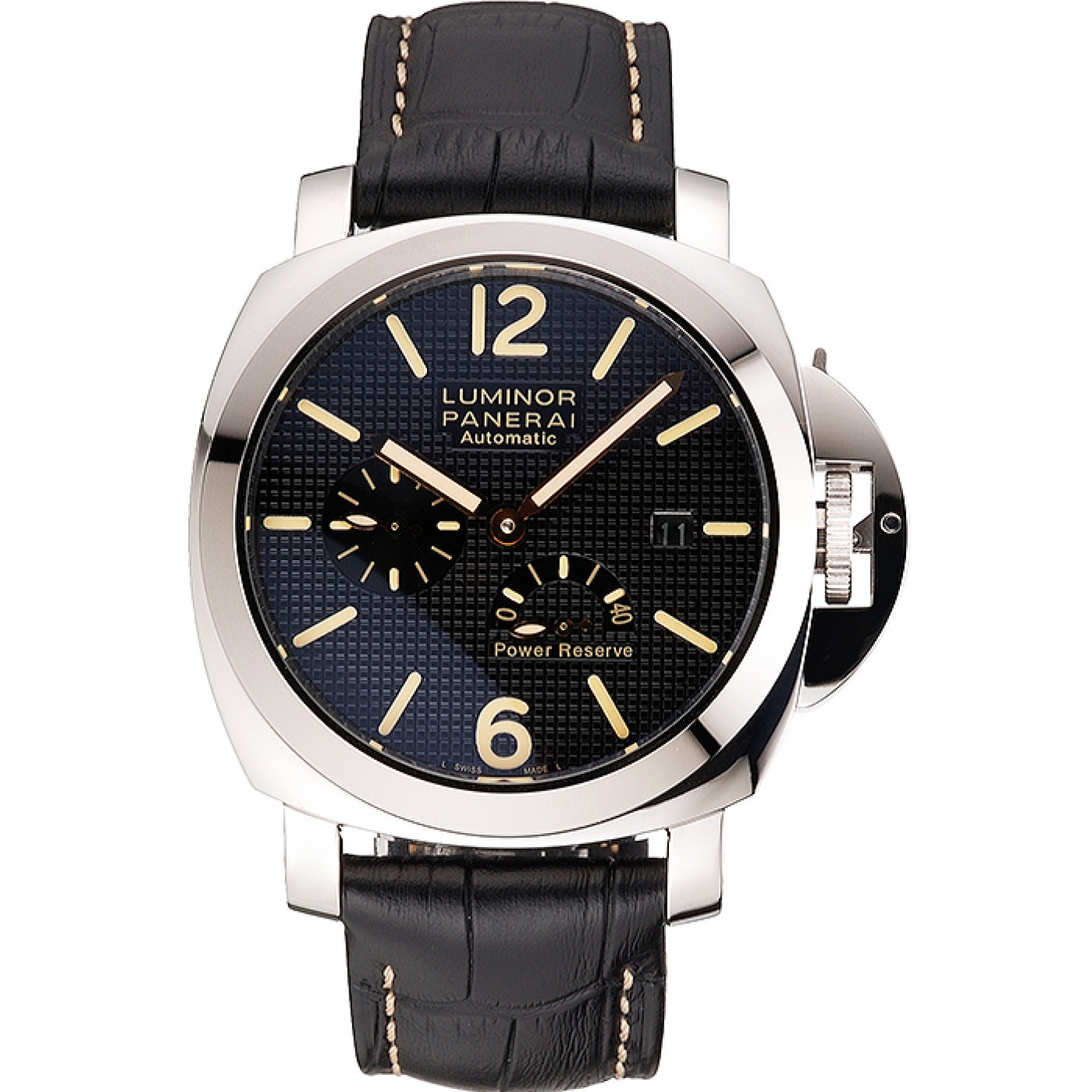 Panerai Luminor Automatic Power Reserve Black Embossed Dial Stainless Steel Case Black Leather Strap