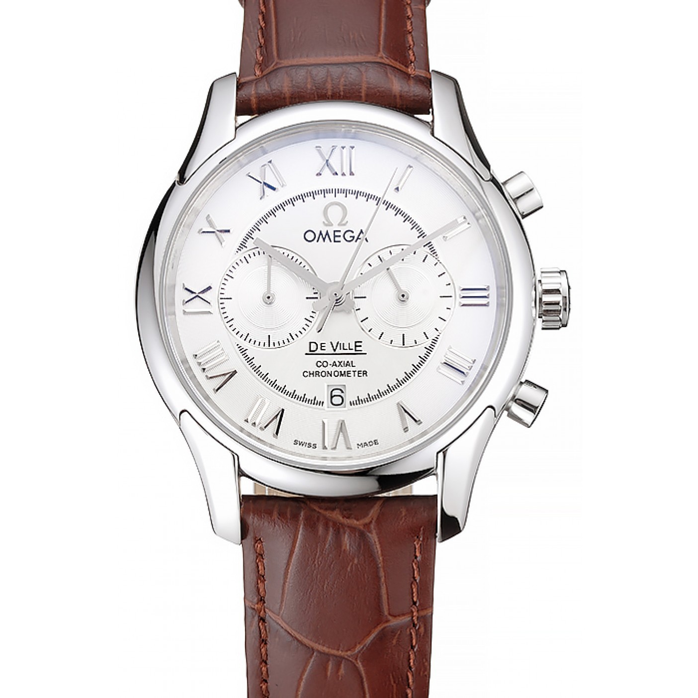 Omega DeVille Silver Bezel with White Dial and Brown Leather Strap 621566