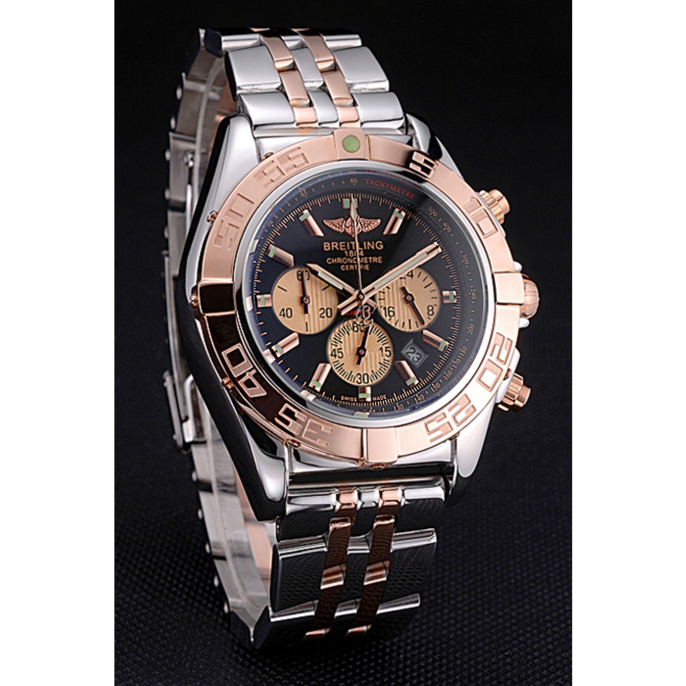 Breitling Chronomat Black Dial Rose Gold Bezel And Subdials Stainless Steel Case Two Tone Bracelet