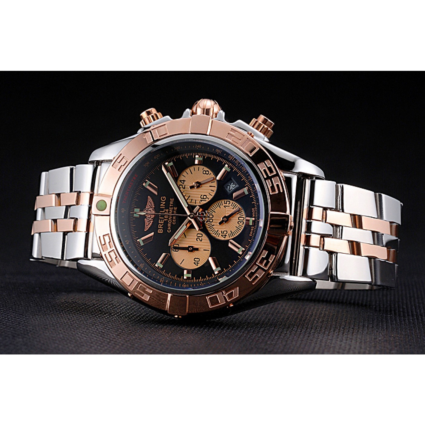 Breitling Chronomat Black Dial Rose Gold Bezel And Subdials Stainless Steel Case Two Tone Bracelet