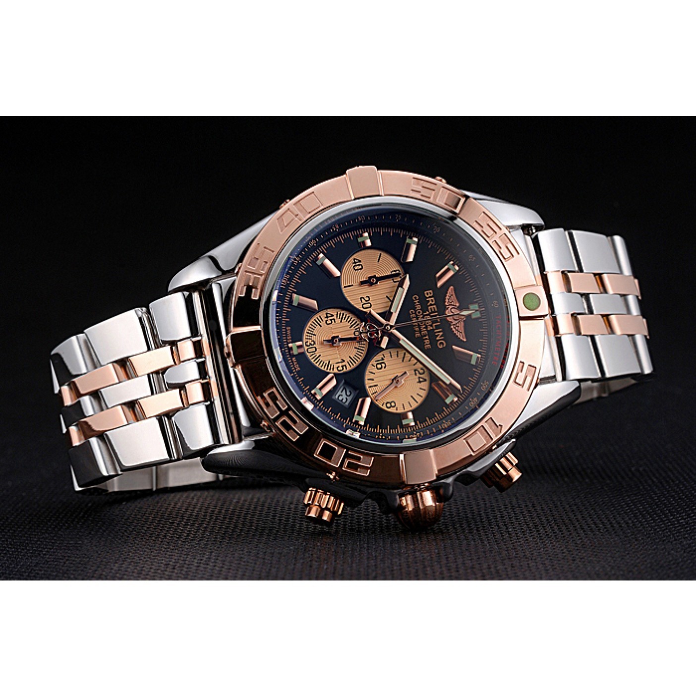 Breitling Chronomat Black Dial Rose Gold Bezel And Subdials Stainless Steel Case Two Tone Bracelet