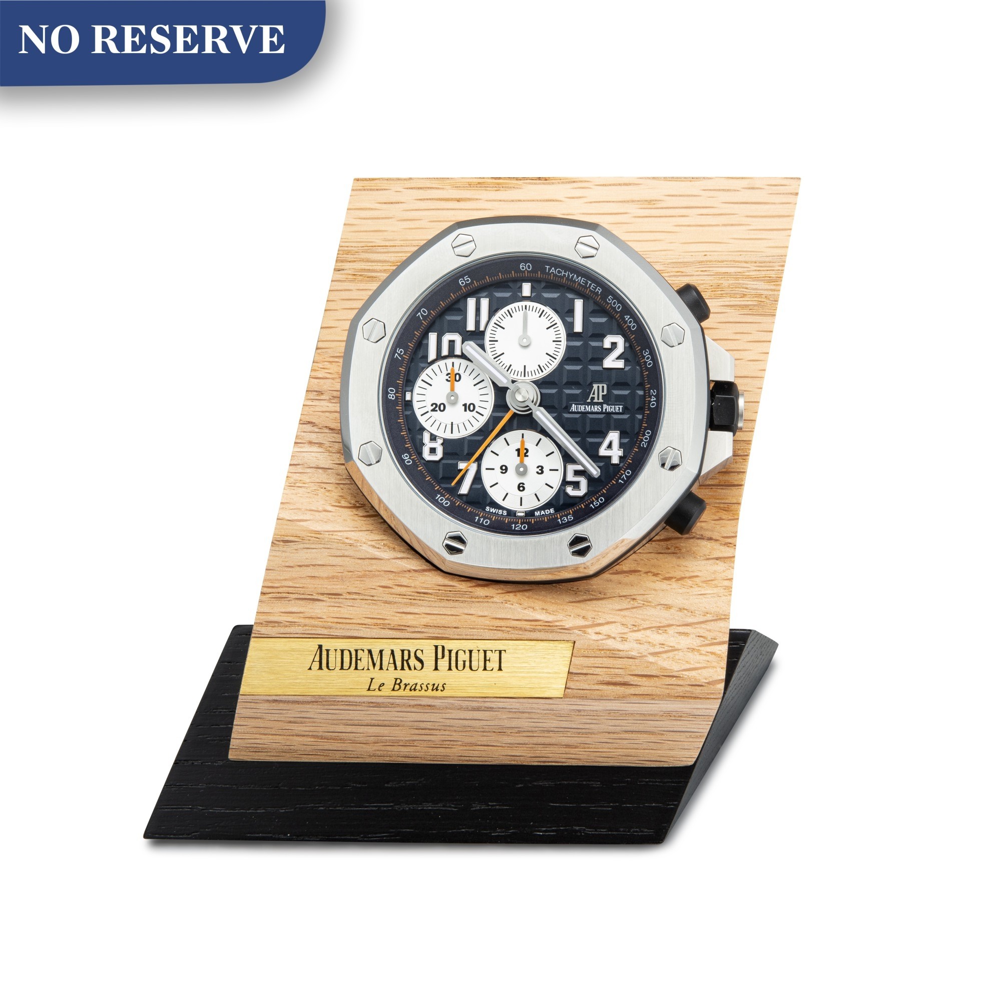 AUDEMARS PIGUET | ROYAL OAK OFFSHORE A STAINLESS STEEL ALARM DESK CLOCK WITH WOODEN STAND