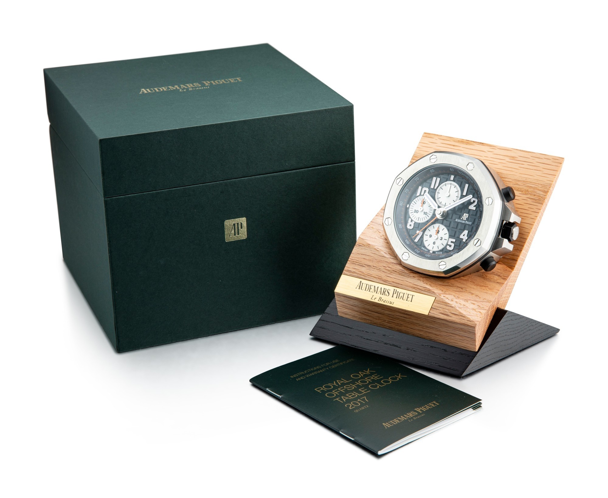 AUDEMARS PIGUET | ROYAL OAK OFFSHORE A STAINLESS STEEL ALARM DESK CLOCK WITH WOODEN STAND