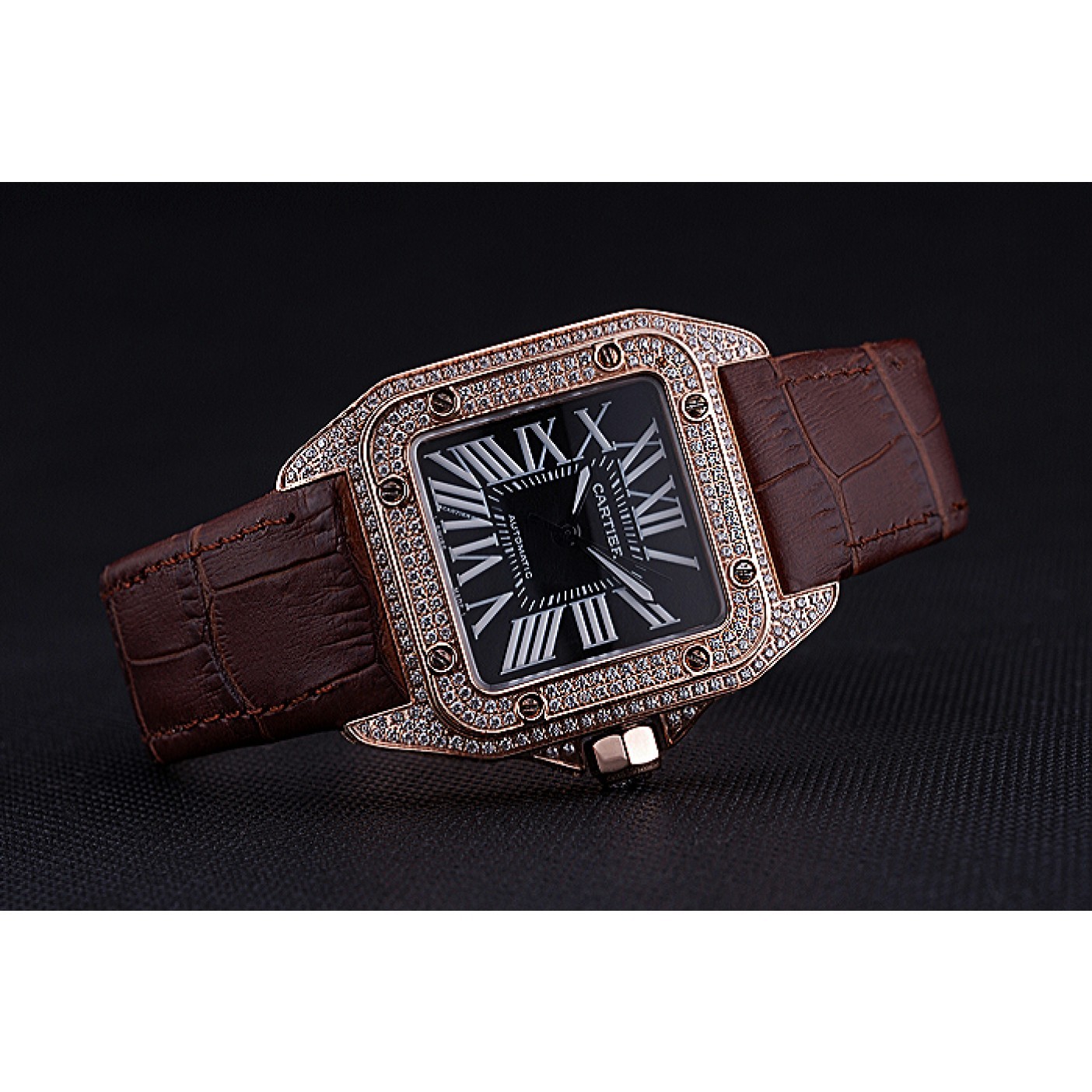 Rep Swiss Cartier Santos Black Dial Diamonds Case Brown Leather Bracelet 622550